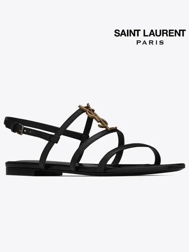Luxury Saint Laurent Trending 2025 Women's Smooth Leather Gold Tone Monogram Detail Cassandra Flat Sandals Black