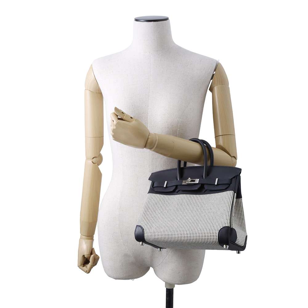 HERMES Birkin Caban/ Black/ White/ Ecru Toile Cadrille Swift Leather Size 25