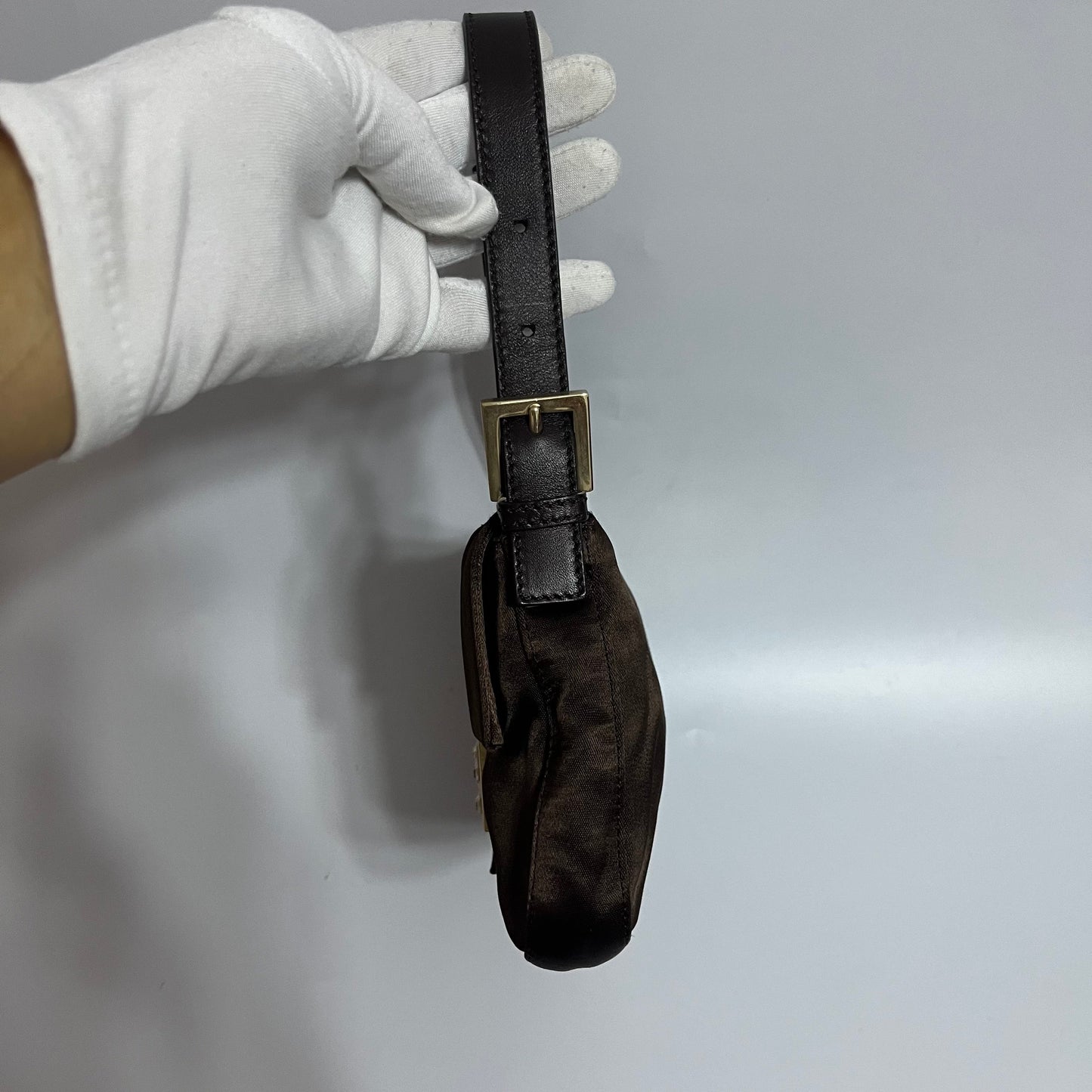 FENDI Baguette Brown Silk Satin with Crystal Buckle Shoulder Bag
