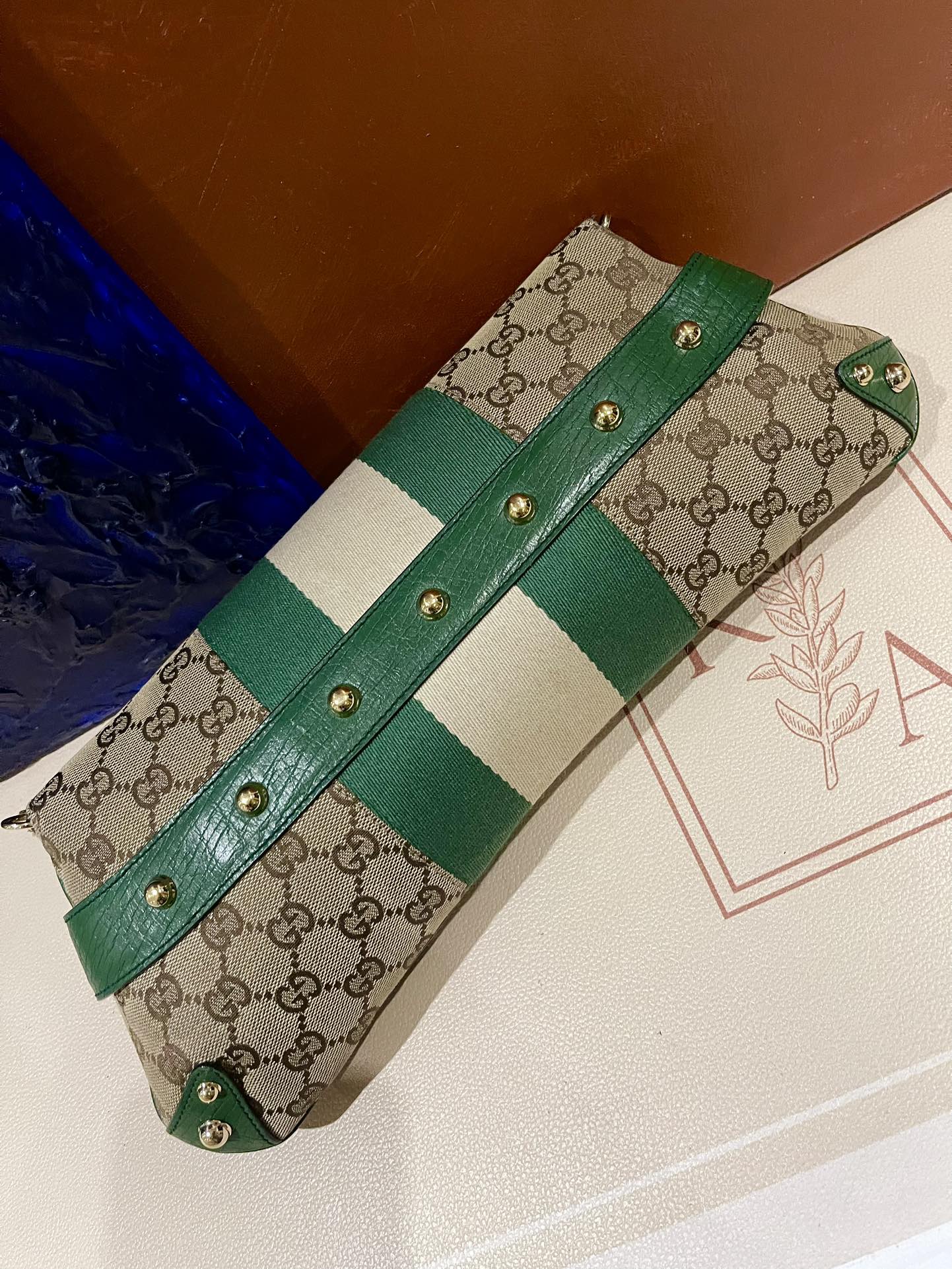 Gucci Horsebit 1955 Chain Cloth Gucci Monogram Green Leather and Gold Studs