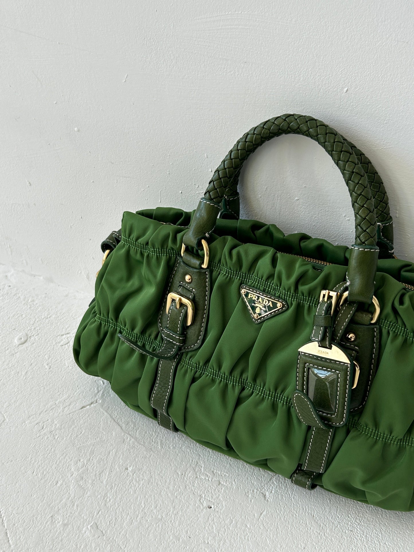 Prada Green Tessuto Gaufre Satchel Bag (with extension strap)