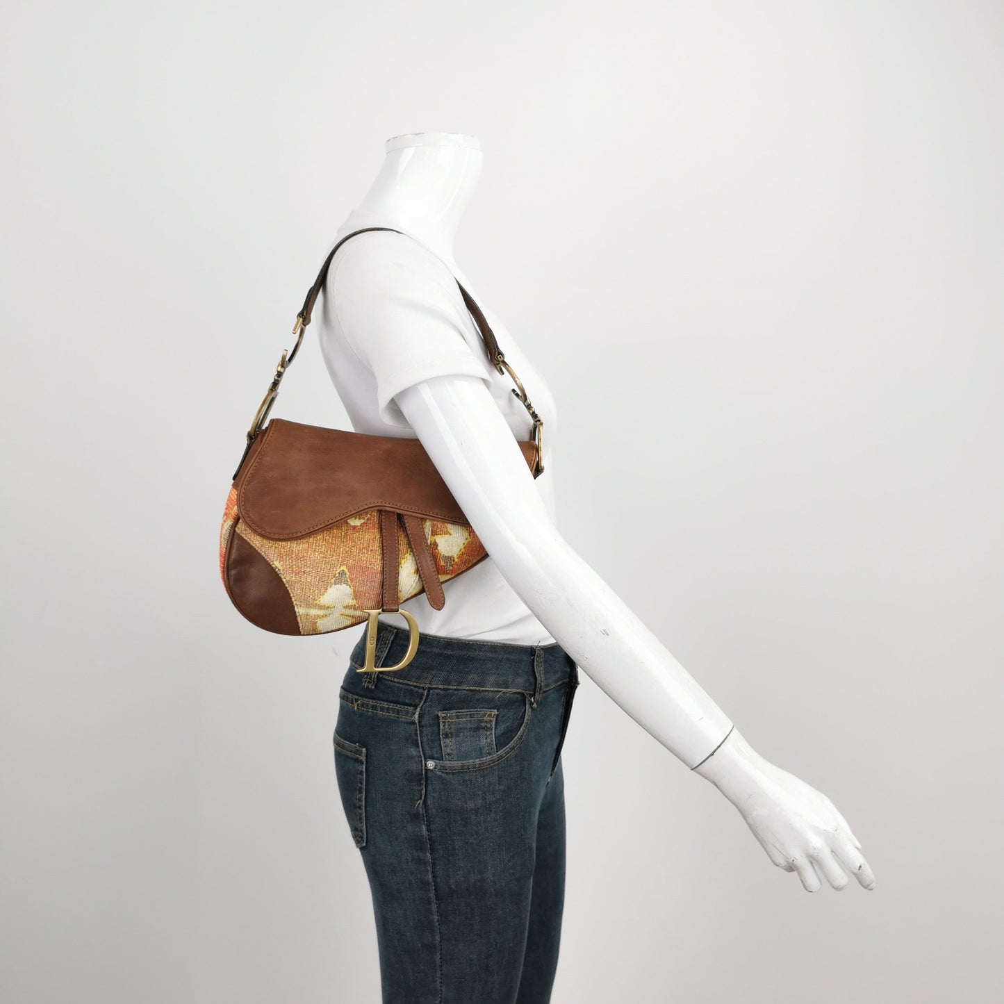 Dior Saddle Vintage Brown Leather Printed Velvet Gold Hardware Shoulder Bag