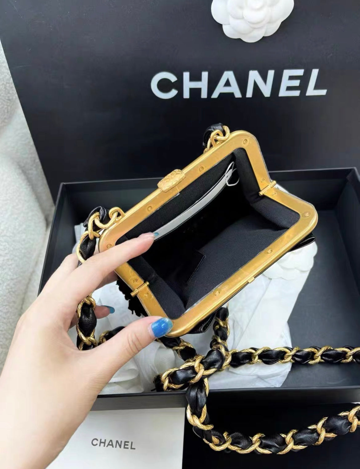 Chanel Metiers dArt 24A Black Sequin tweed Evening Mini Clutch Bag With Bow