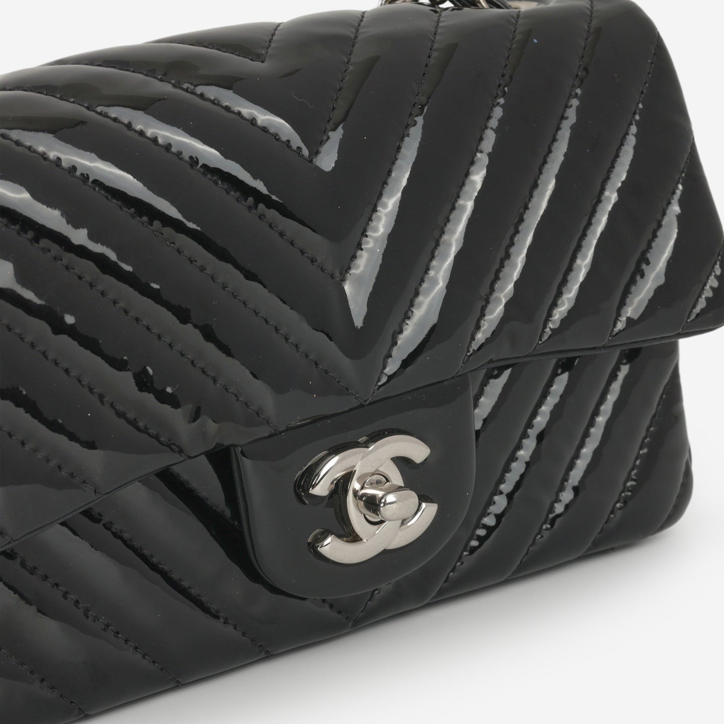 Chanel Mini Flap Rectangular - Black Chevron Patent Calfskin | Silver Hardware