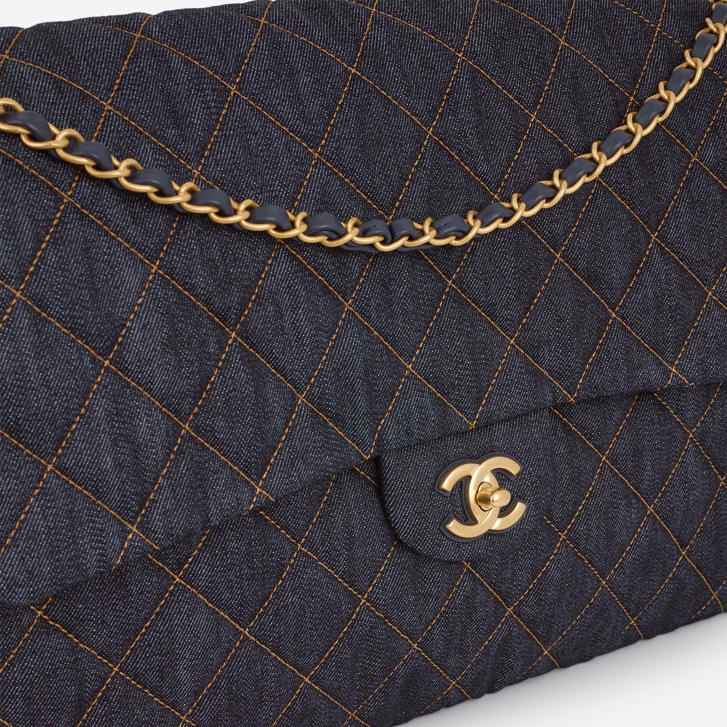Chanel 26P Maxi Classic Flap - Dark Blue Denim | Aged-Gold Hardware