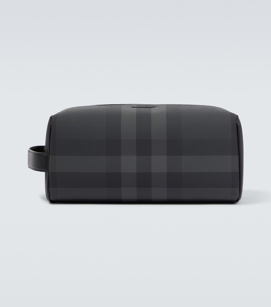BURBERRY CHARCOAL HOUSE CHECK LEATHER TRAVEL POUCH