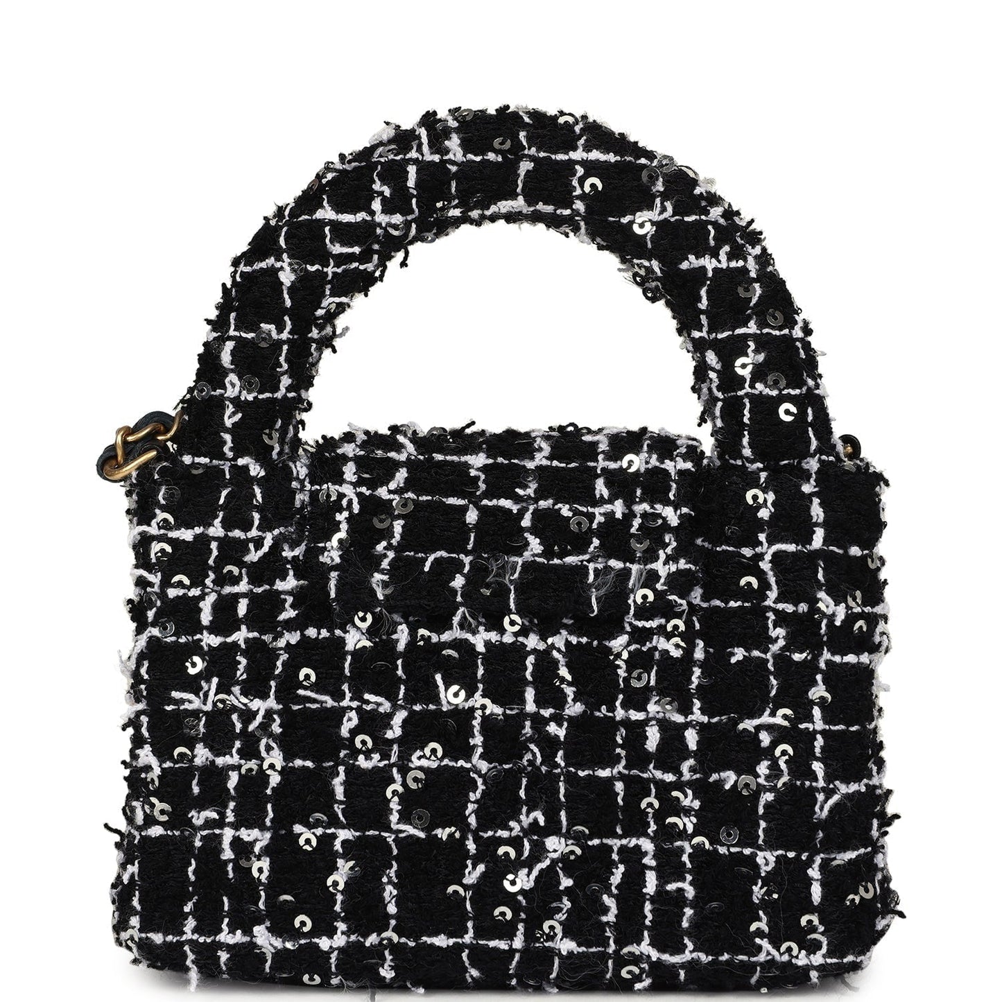 Chanel Nano Kelly Shopper Black, White & Silver Sequin Tweed Brushed Gold Hardware Crossbody
