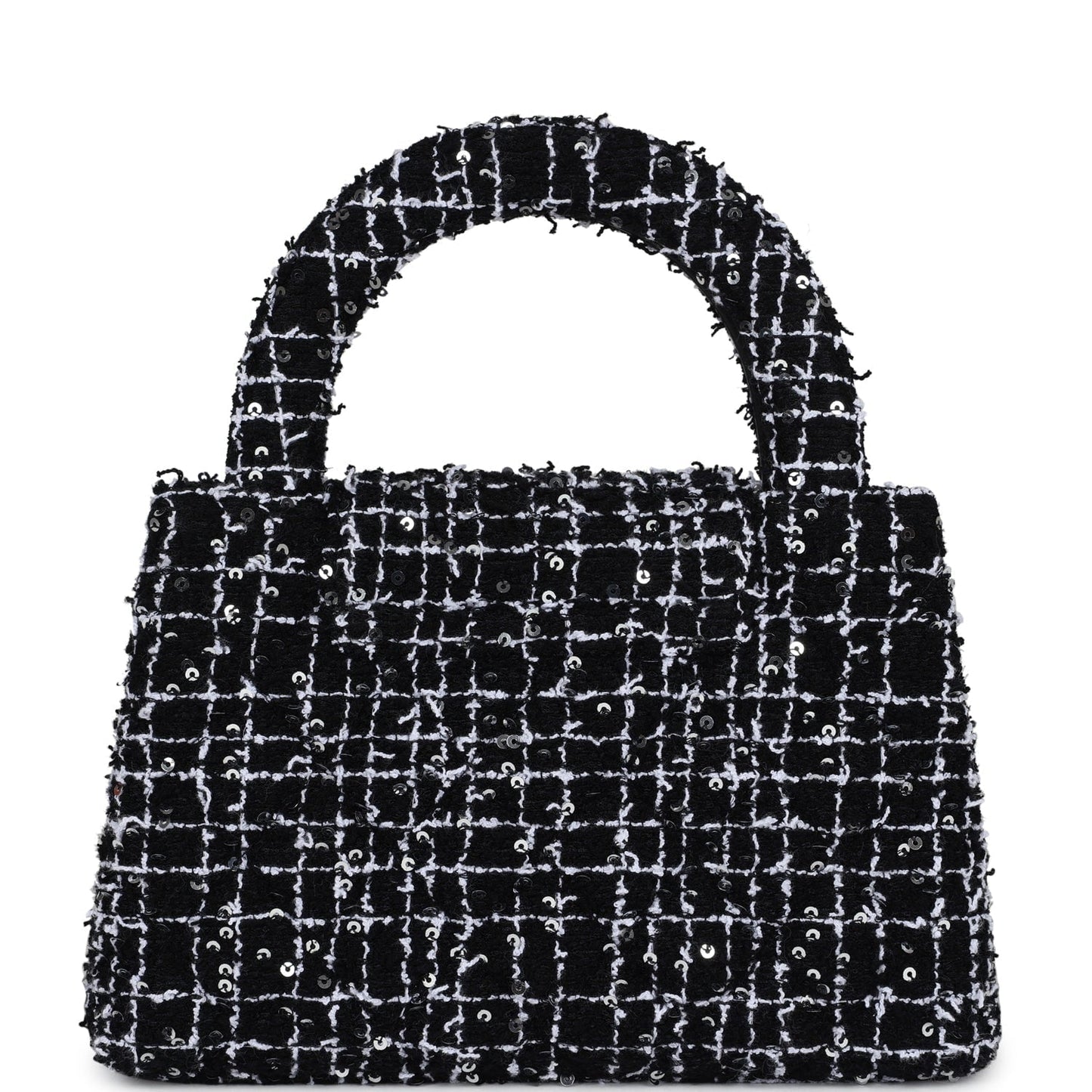 Chanel Small Kelly Shopper Black, White & Silver Sequin Tweed Brushed Gold Hardware Crossbody