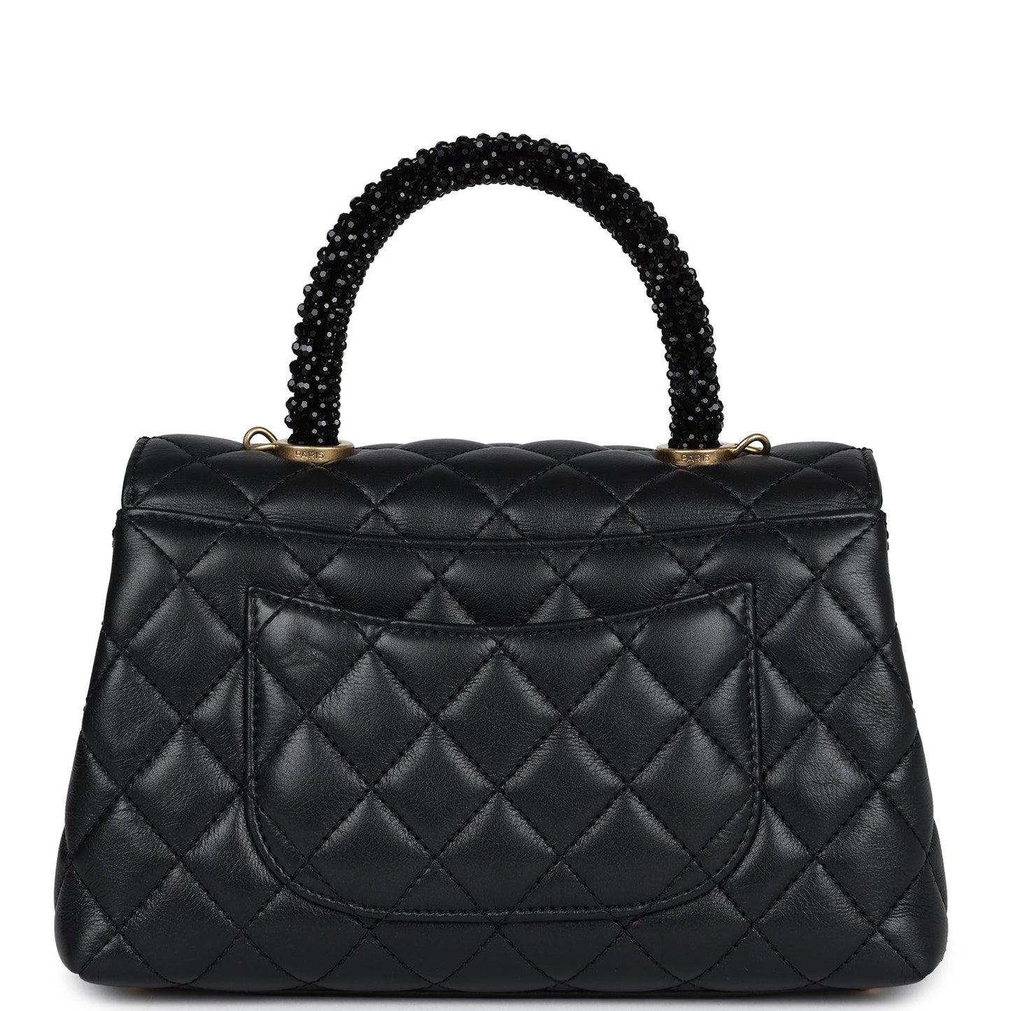 Chanel Small Coco Crystal Top Handle Flap Bag Black Lambskin Brushed Gold Hardware Coco Handle