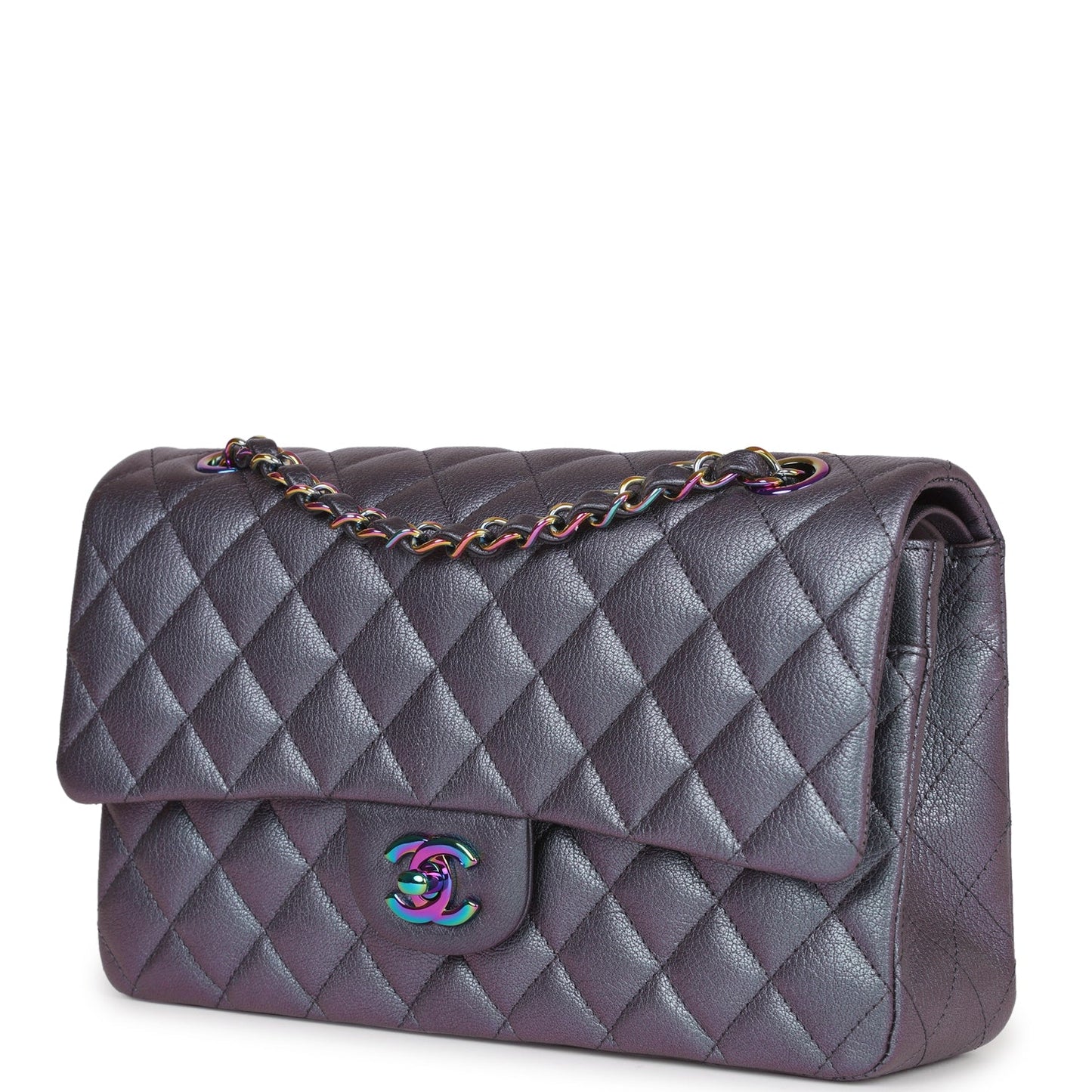 Chanel Medium Classic Double Flap Bag Iridescent Purple Mermaid Goatskin Rainbow Hardware