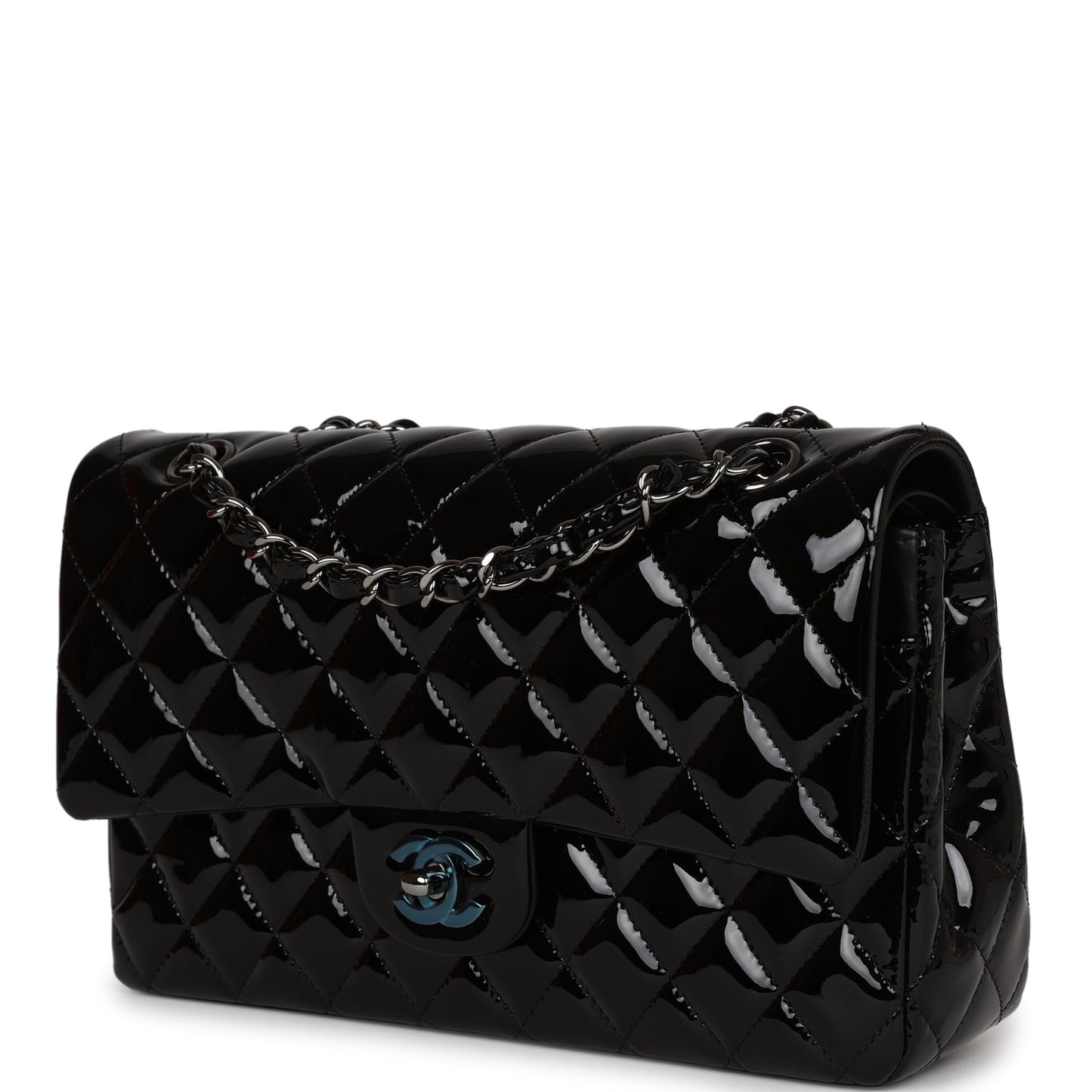 Chanel Medium Classic Double Flap Bag Black Patent Leather Silver Hardware