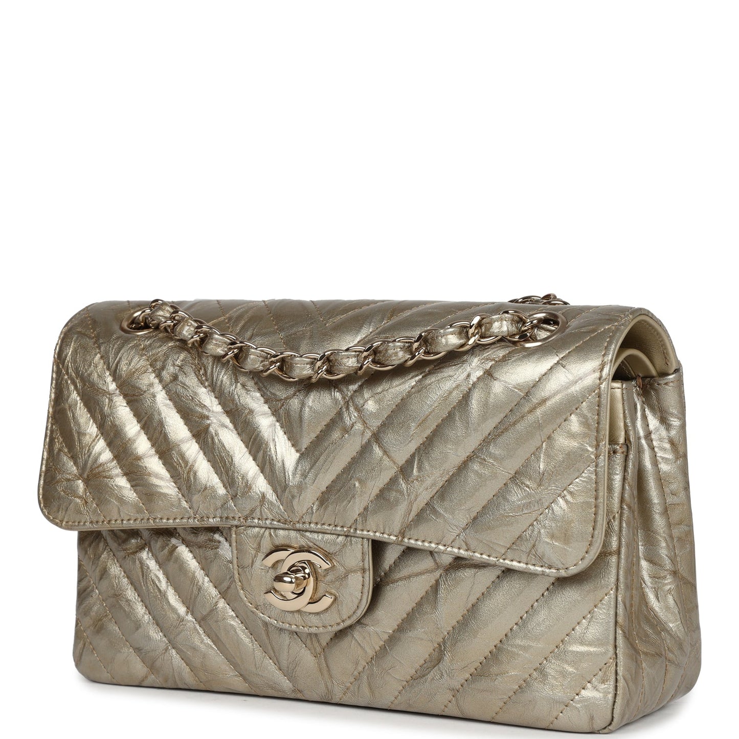 Chanel Small Chevron Double Flap Bag Gold Metallic Patent Aged Calfskin Light Gold Hardware