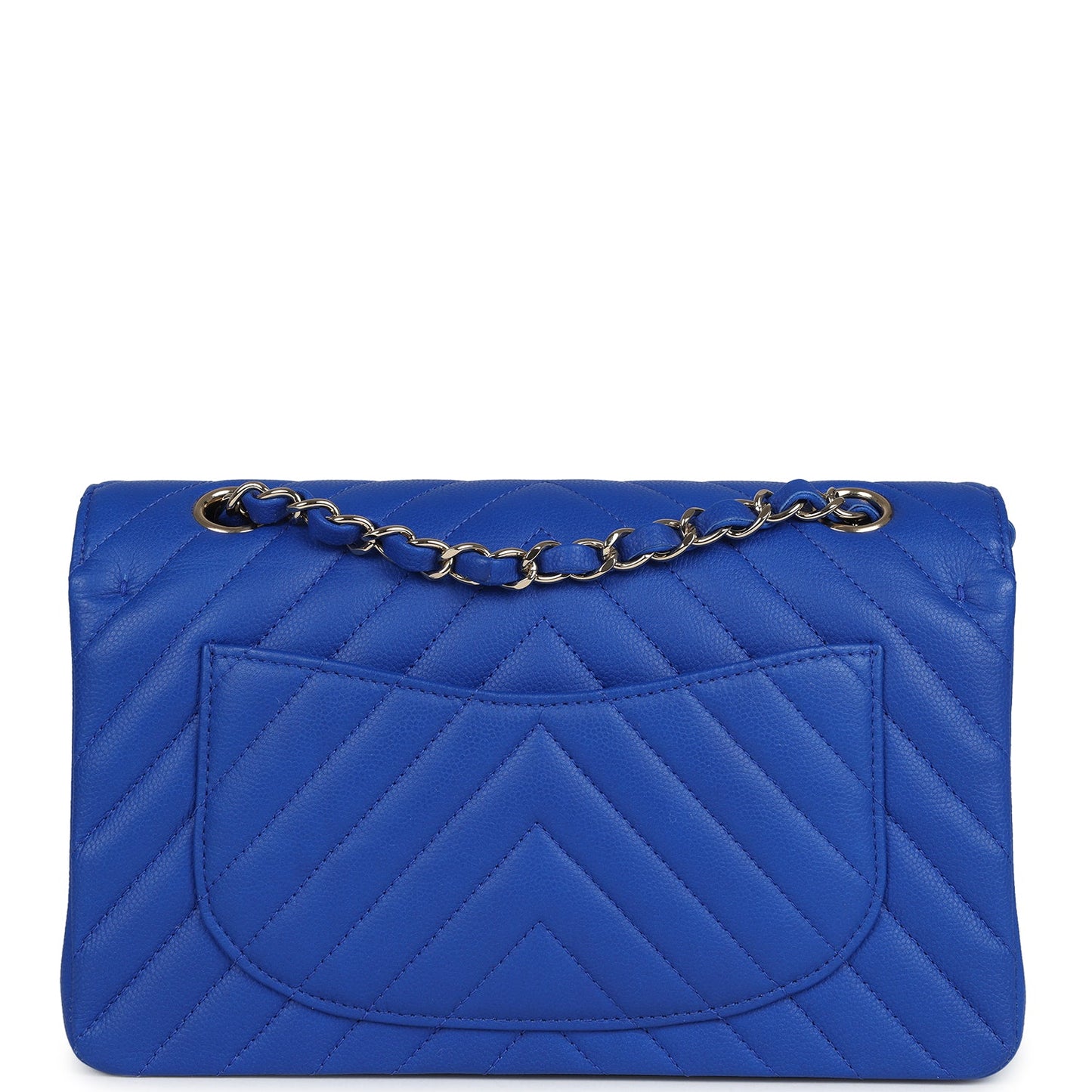 Chanel Small Classic Double Flap Blue Chevron Caviar Light Gold Hardware Shoulder Bag