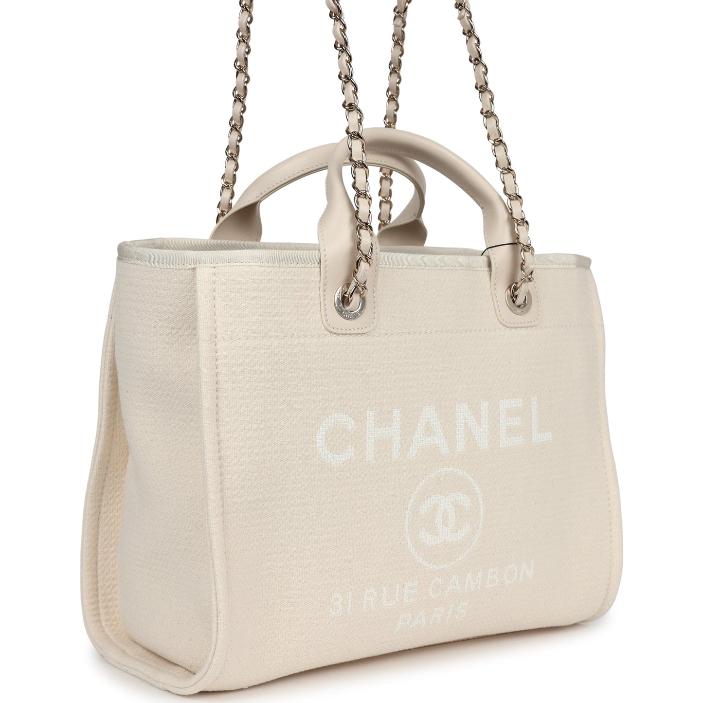 Chanel Small Deauville Shopping Tote Ivory Canvas Light Gold Hardware