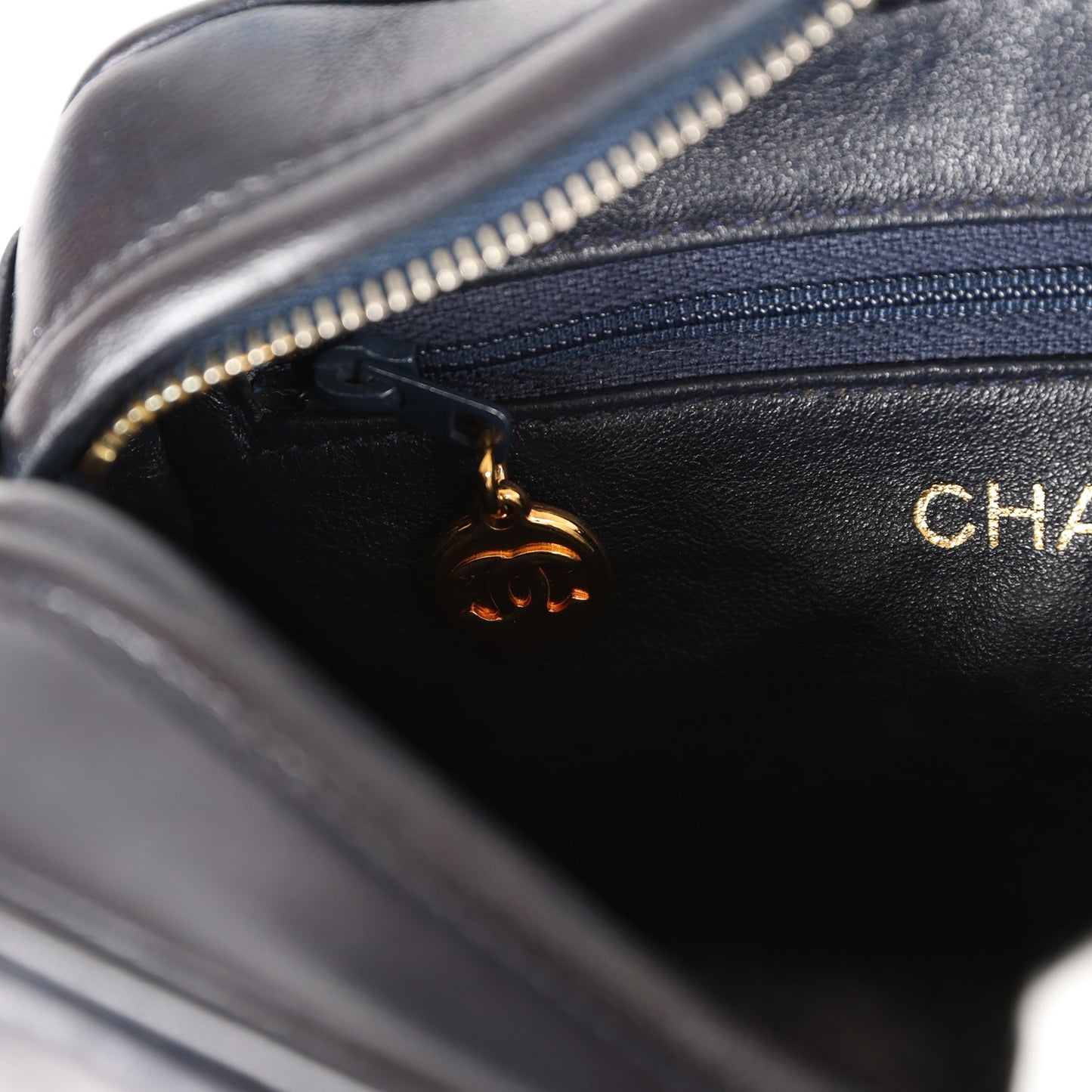 Chanel Fringe Chain Camera Bag Navy and White Lambskin Gold Hardware