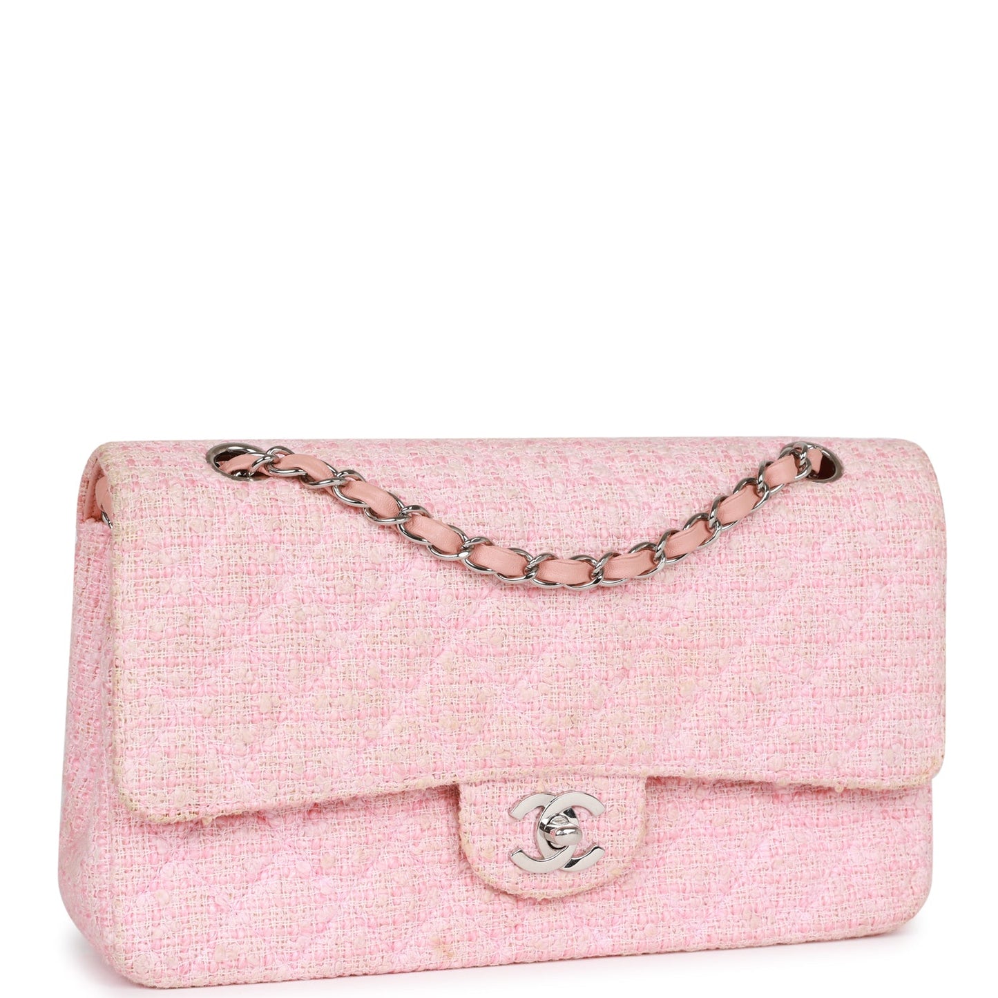 Chanel Medium Classic Double Flap Bag Pink Tweed Silver Hardware