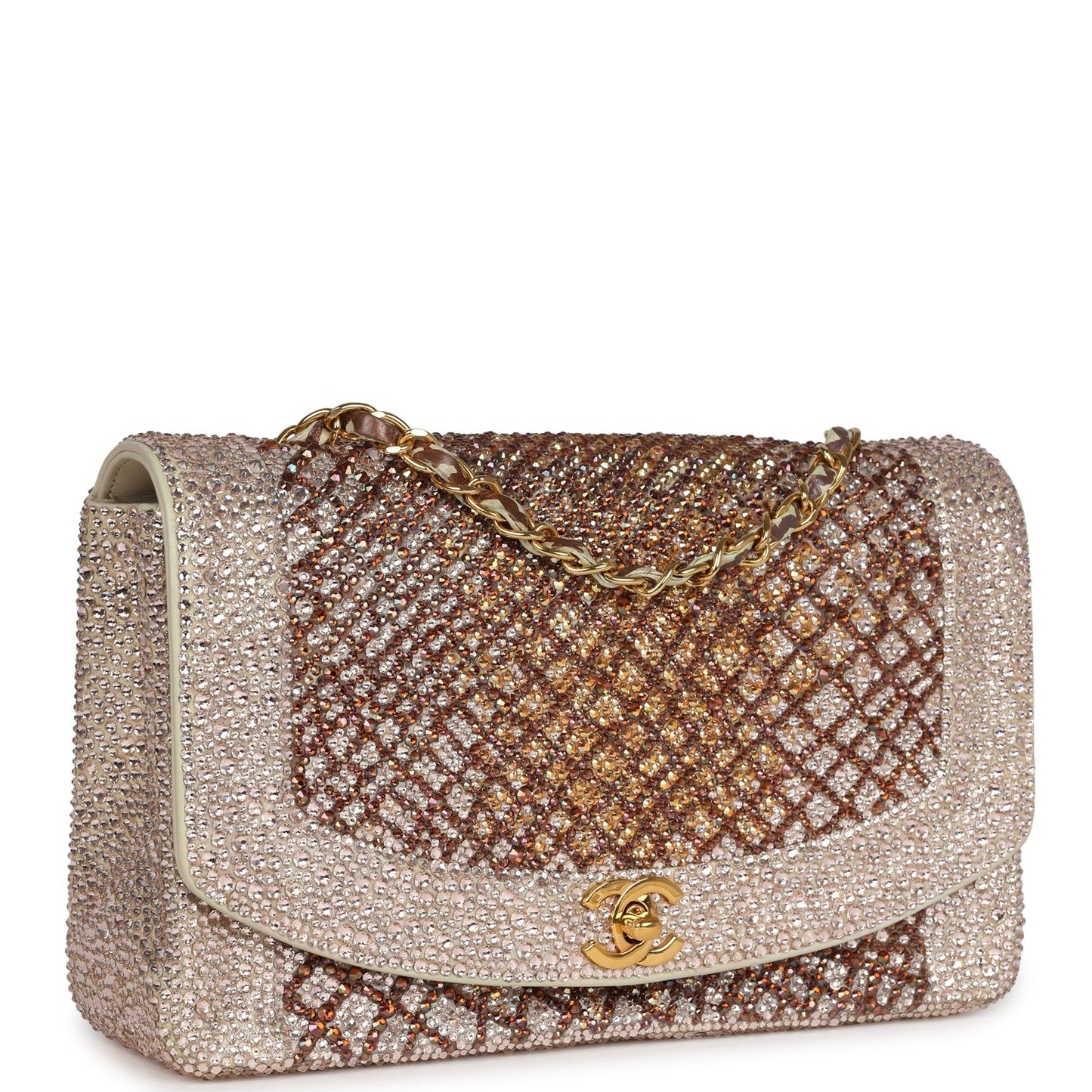 Custom Swarovski Crystal Chanel Medium Diana Flap Bag Beige Lambskin Gold Hardware