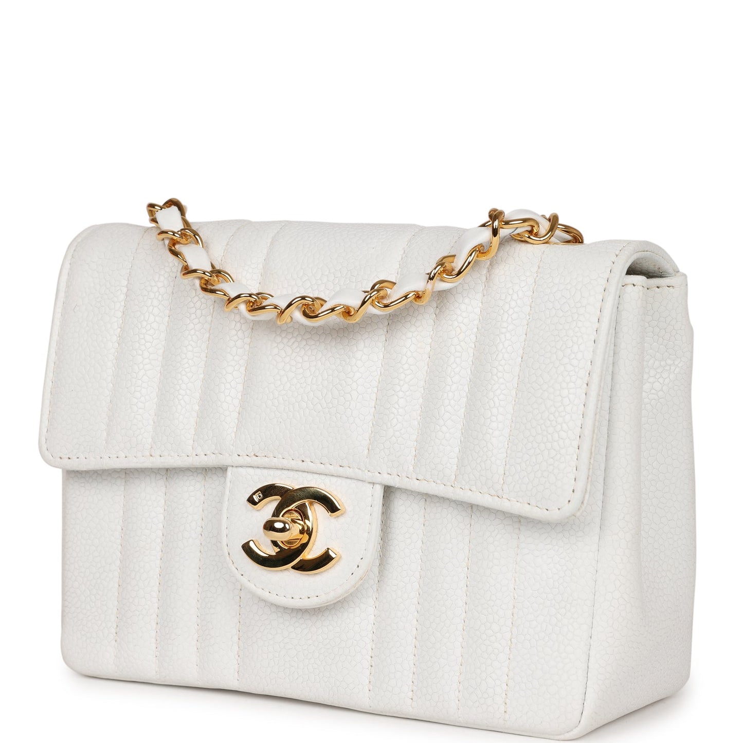 Chanel Mini Square Flap Vertical Stripe White Caviar Gold Hardware