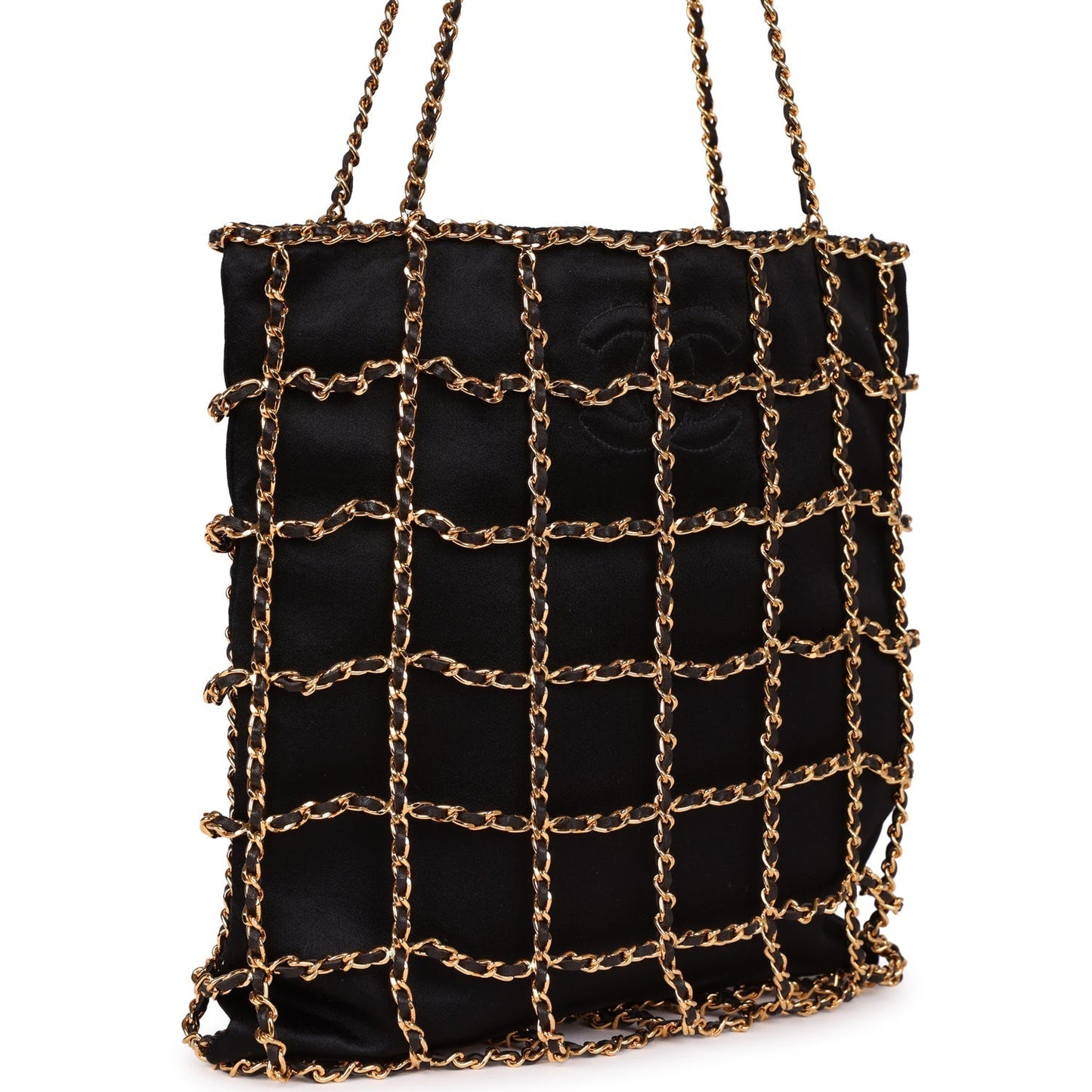 Chanel Chain Frame CC Shopping Tote Black Satin Gold Hardware
