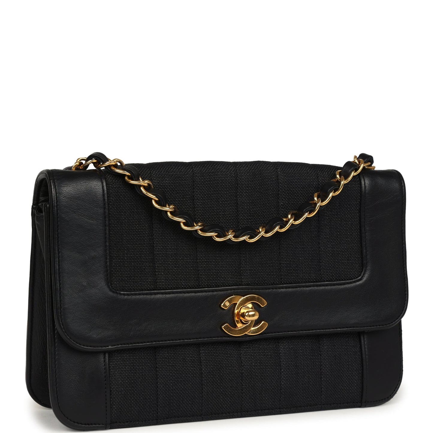Chanel Vertical Border Flap Bag Black Linen and Lambskin Gold Hardware