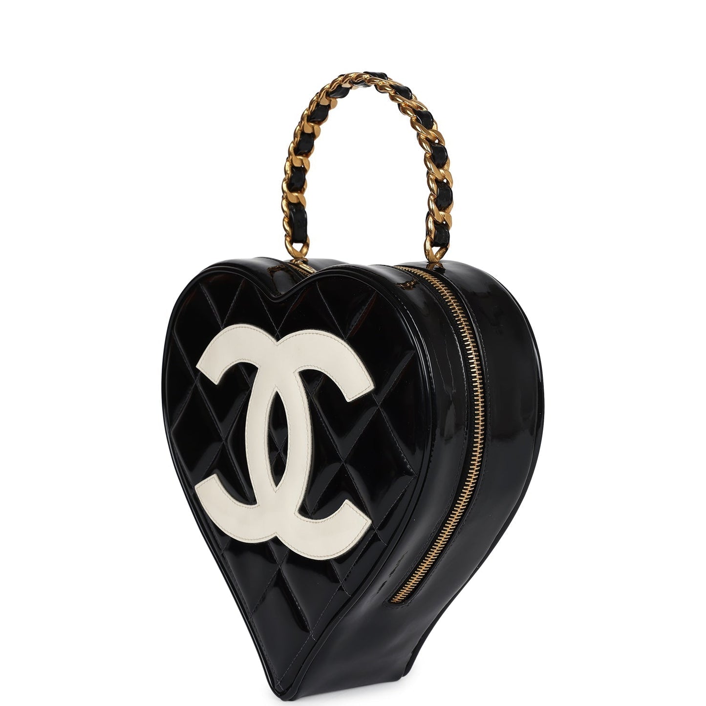 Chanel Heart Vanity Bag Black and White Patent Antique Gold Hardware
