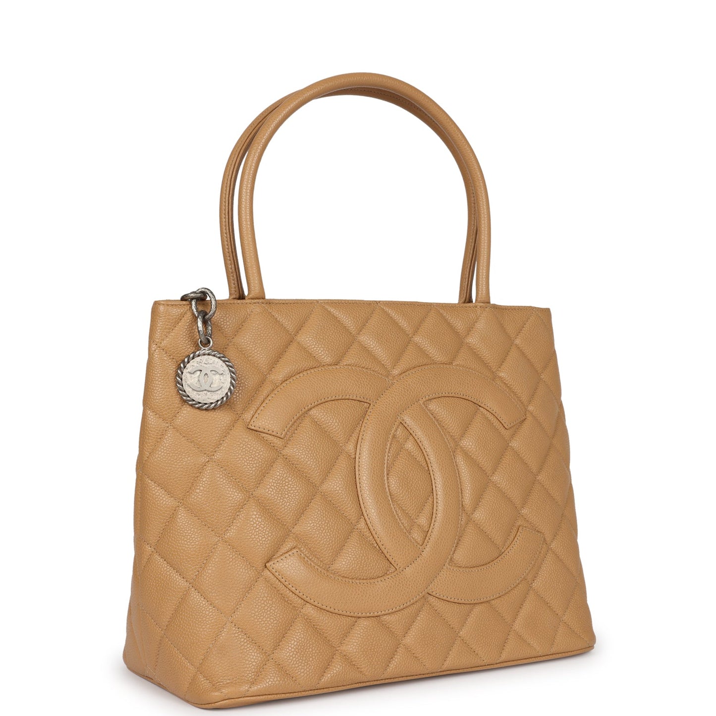 Chanel Medallion Tote Bag Beige Caviar Silver Hardware