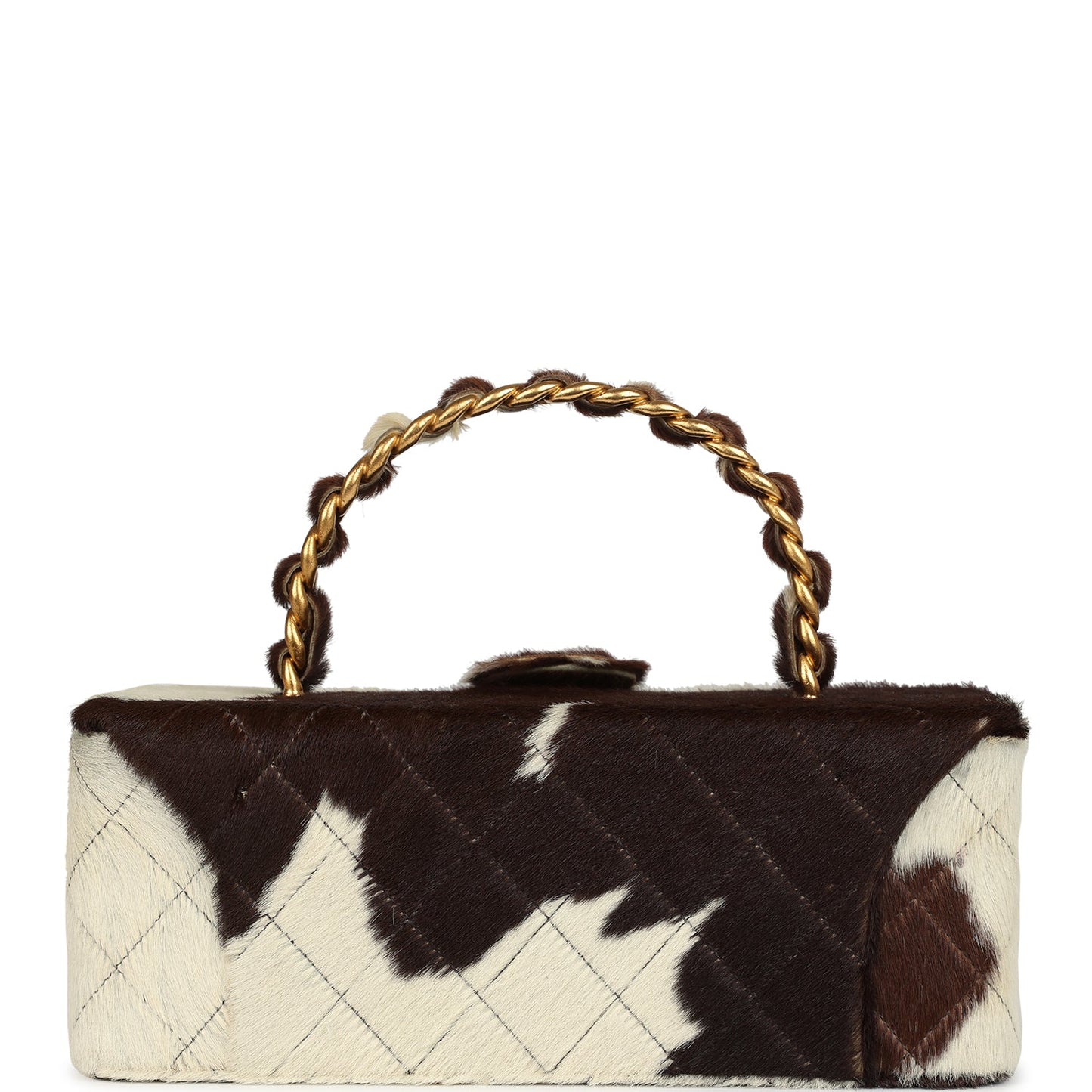 Chanel Rectangular Vanity Box Brown and White Cow Print Pony Hair Antique Gold Hardware Handbag
