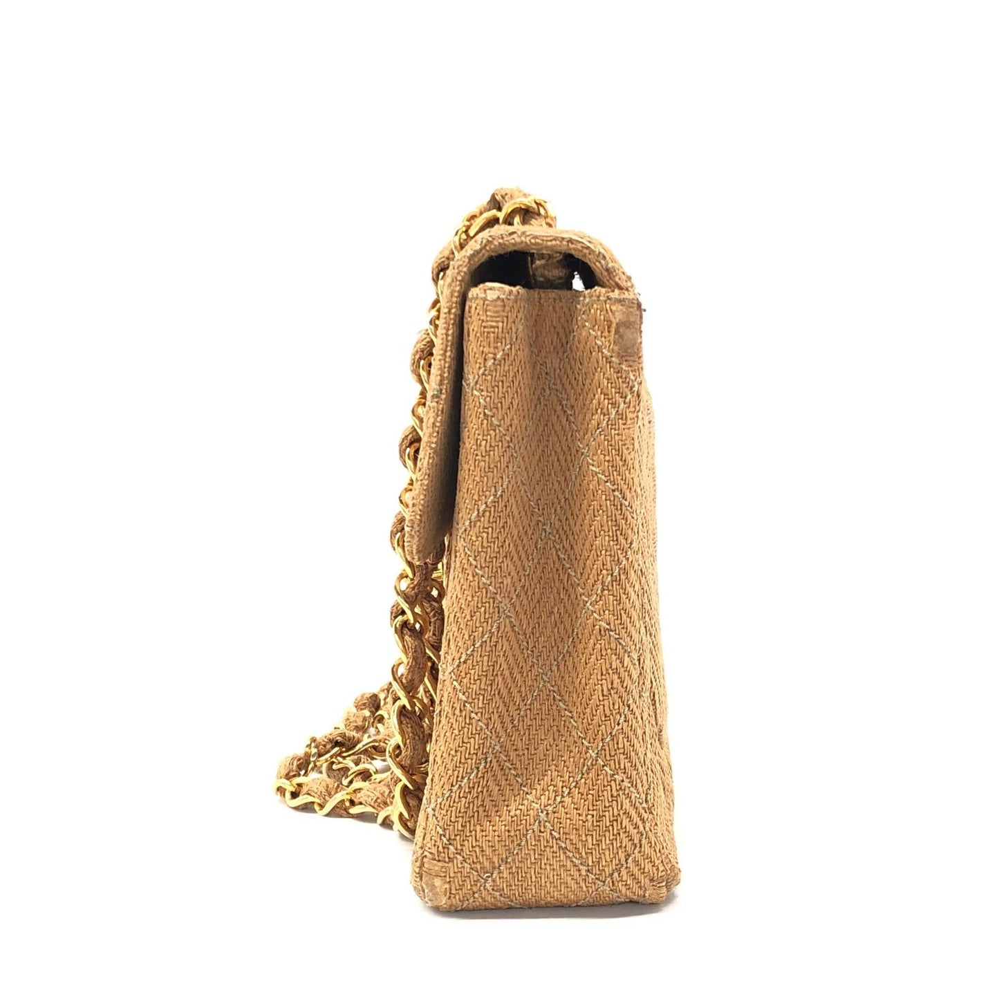 Chanel Vintage Classic Maxi Single Flap Brown Braided Raffia Canvas Diamond Stitch 24 Gold Hardware