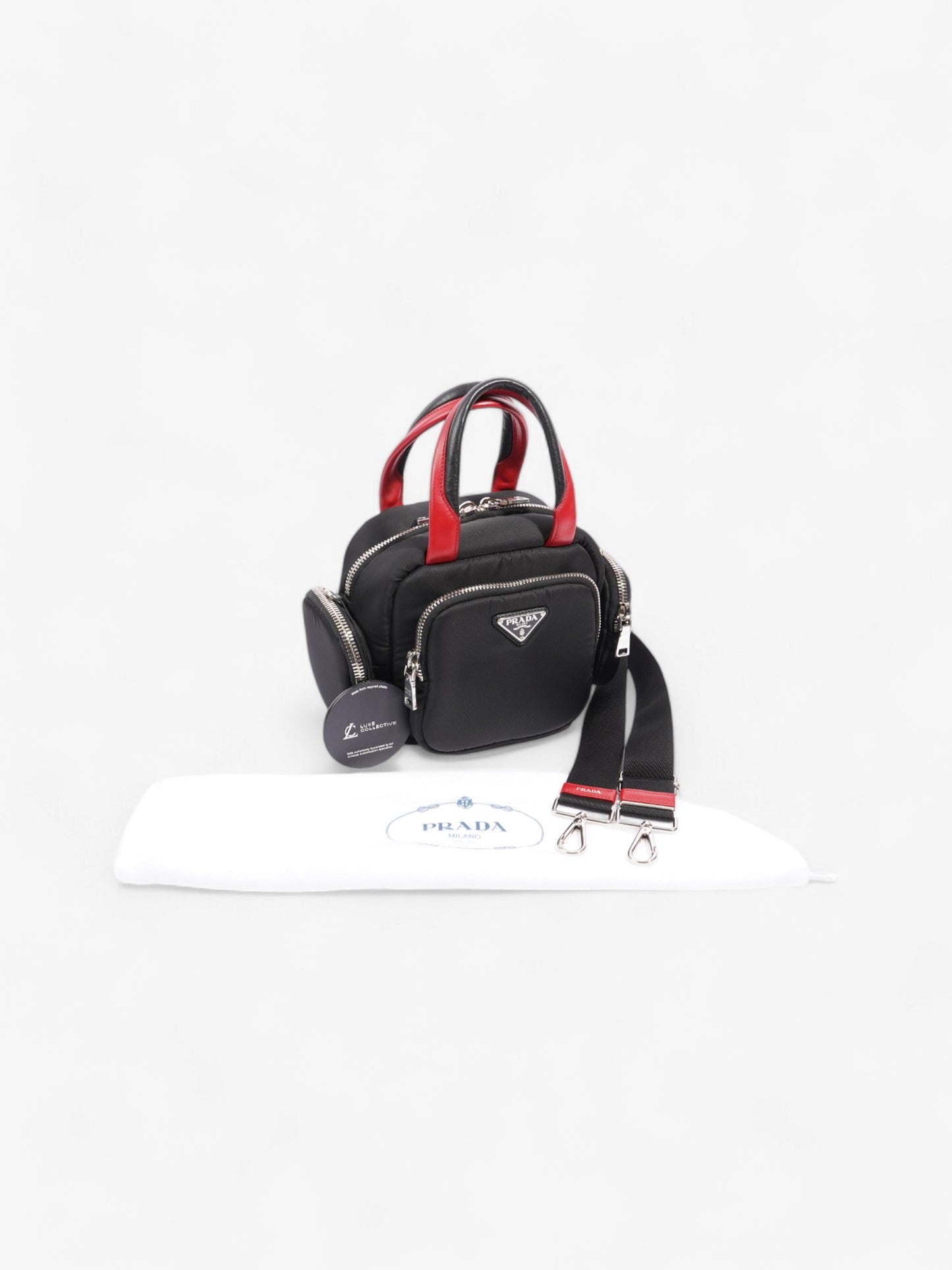 Prada Triangle Nylon Shoulder Bag Black / Red Nylon, Leather