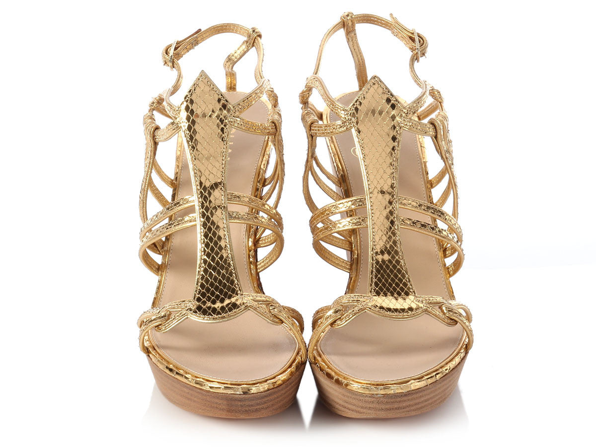 Chanel Gold Python Wedge Sandals