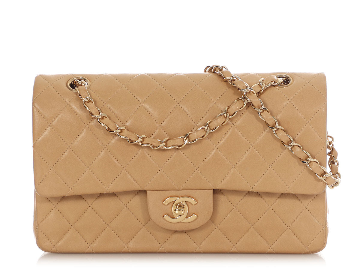 Chanel Medium/Large Beige Quilted Lambskin Classic Double Flap