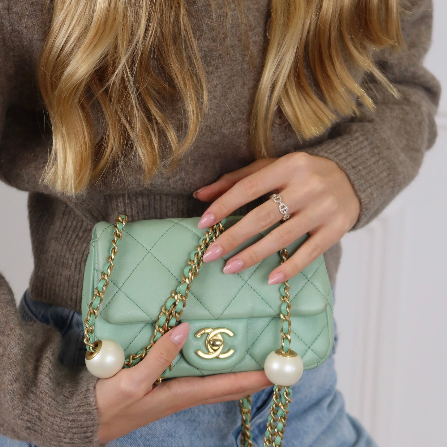 Chanel Seasonal Mini Square Pearl Crush - Light Green Lambskin | Gold Hardware