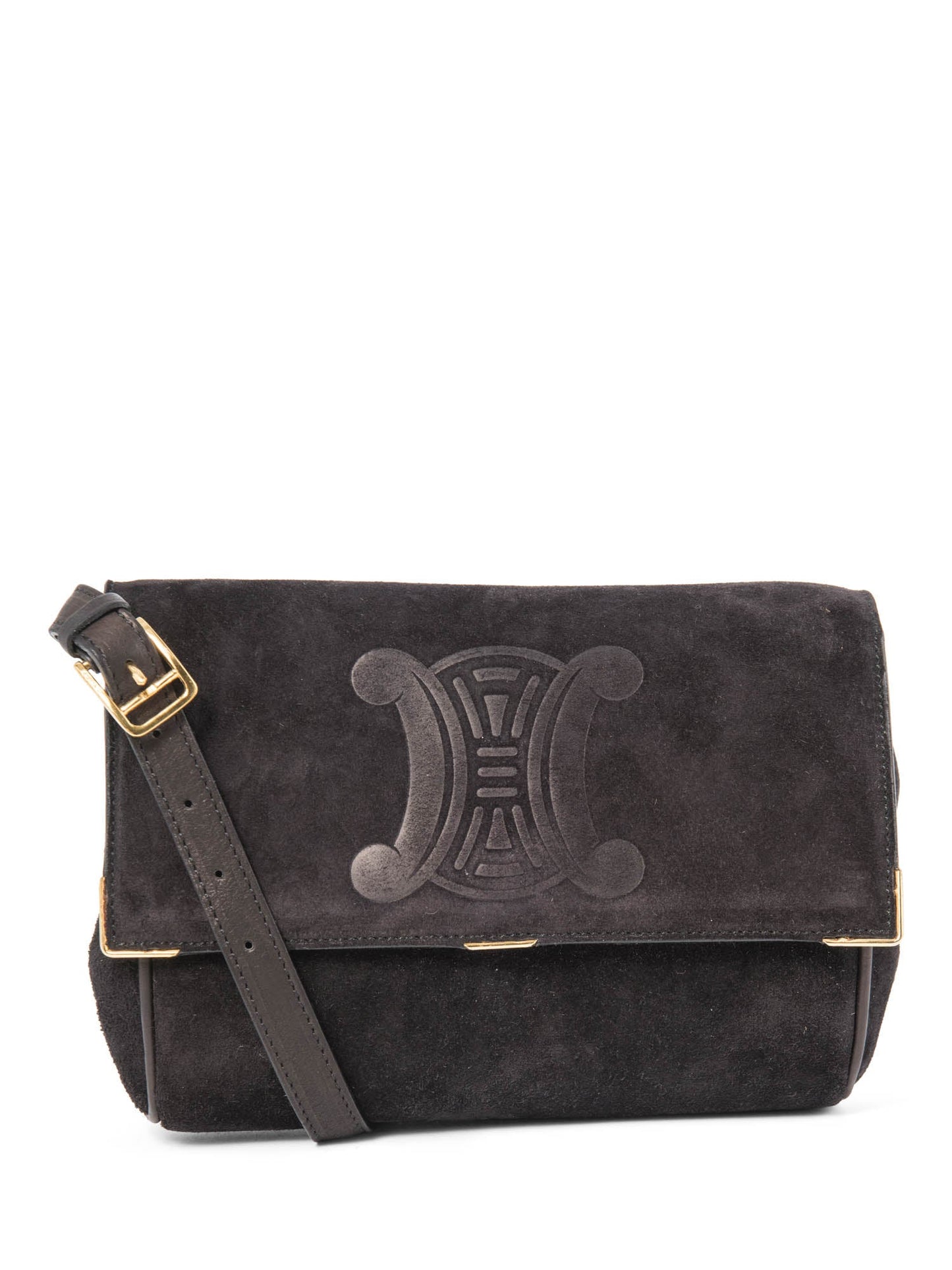 Luxury CELINE Vintage Logo Debossed Suede Messenger Bag Black Gold