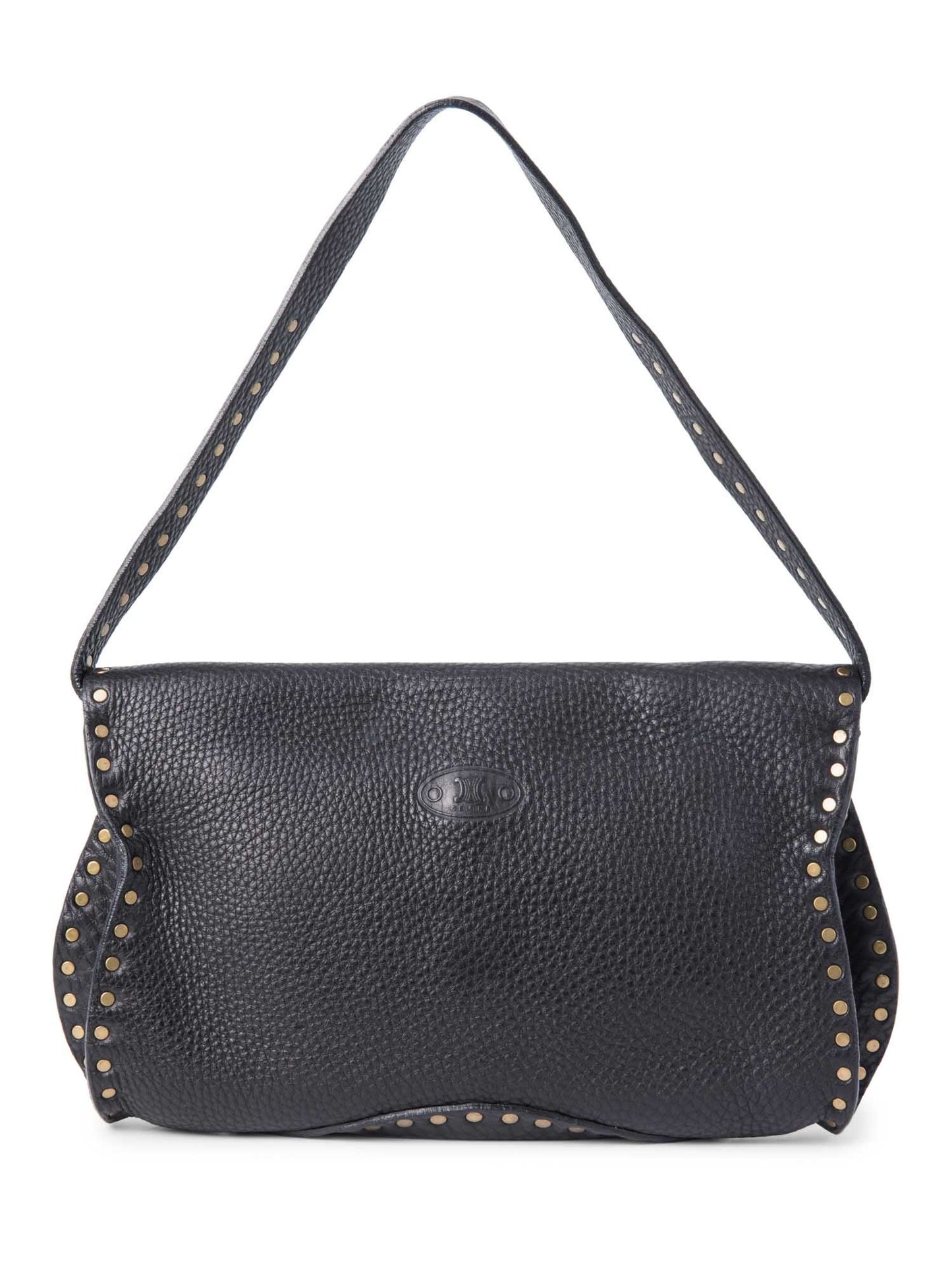 Luxury CELINE Vintage Logo Leather Western Studded Shoulder Bag Black