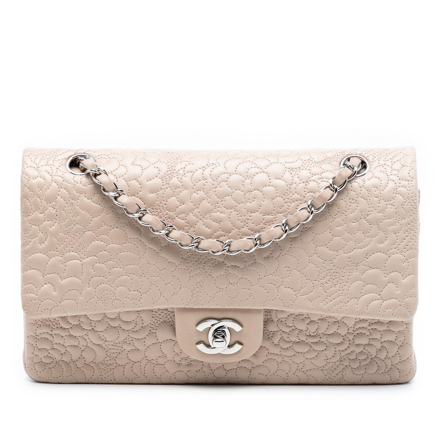 Chanel Medium Classic Lambskin Camellia Stitched Double Flap