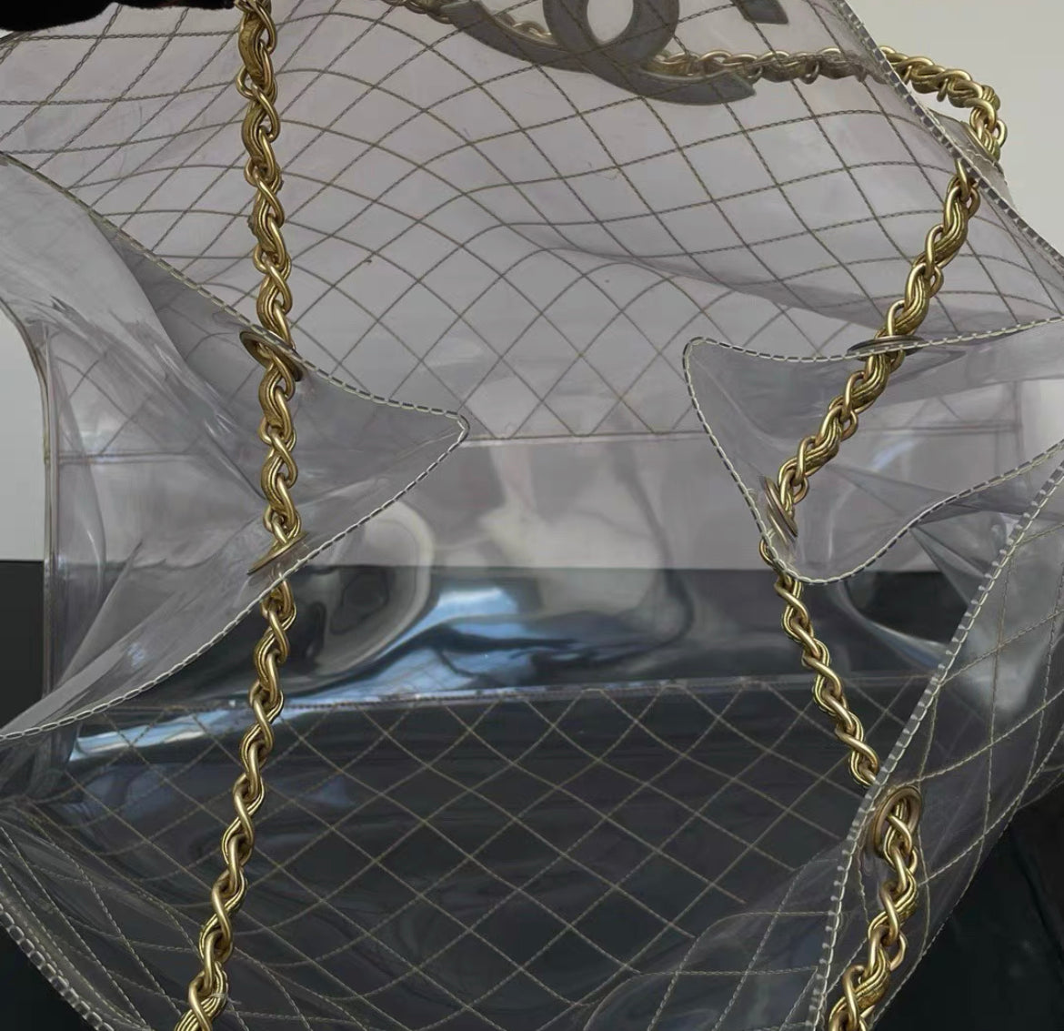 Chanel Rare 1990s Xxxl Oversized See Through Naked Gold Accent Pvc Tote