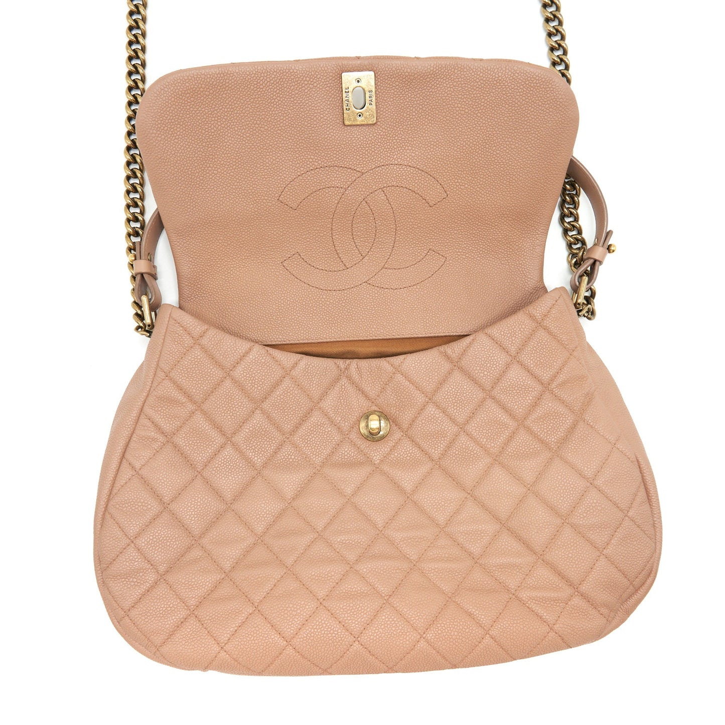 Chanel Round Flap Bag Caviar Dark Beige