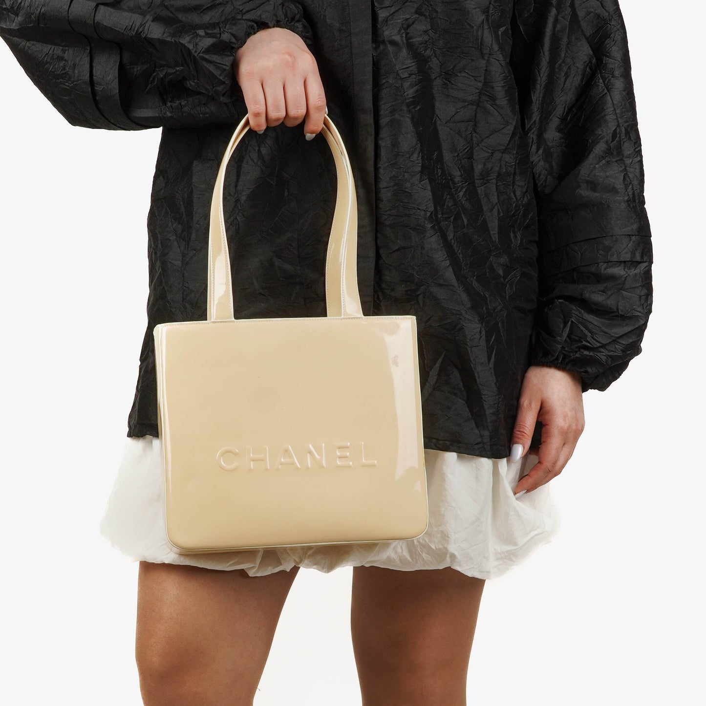 Chanel Beige Patent Leather CC Tote Shoulder Bag