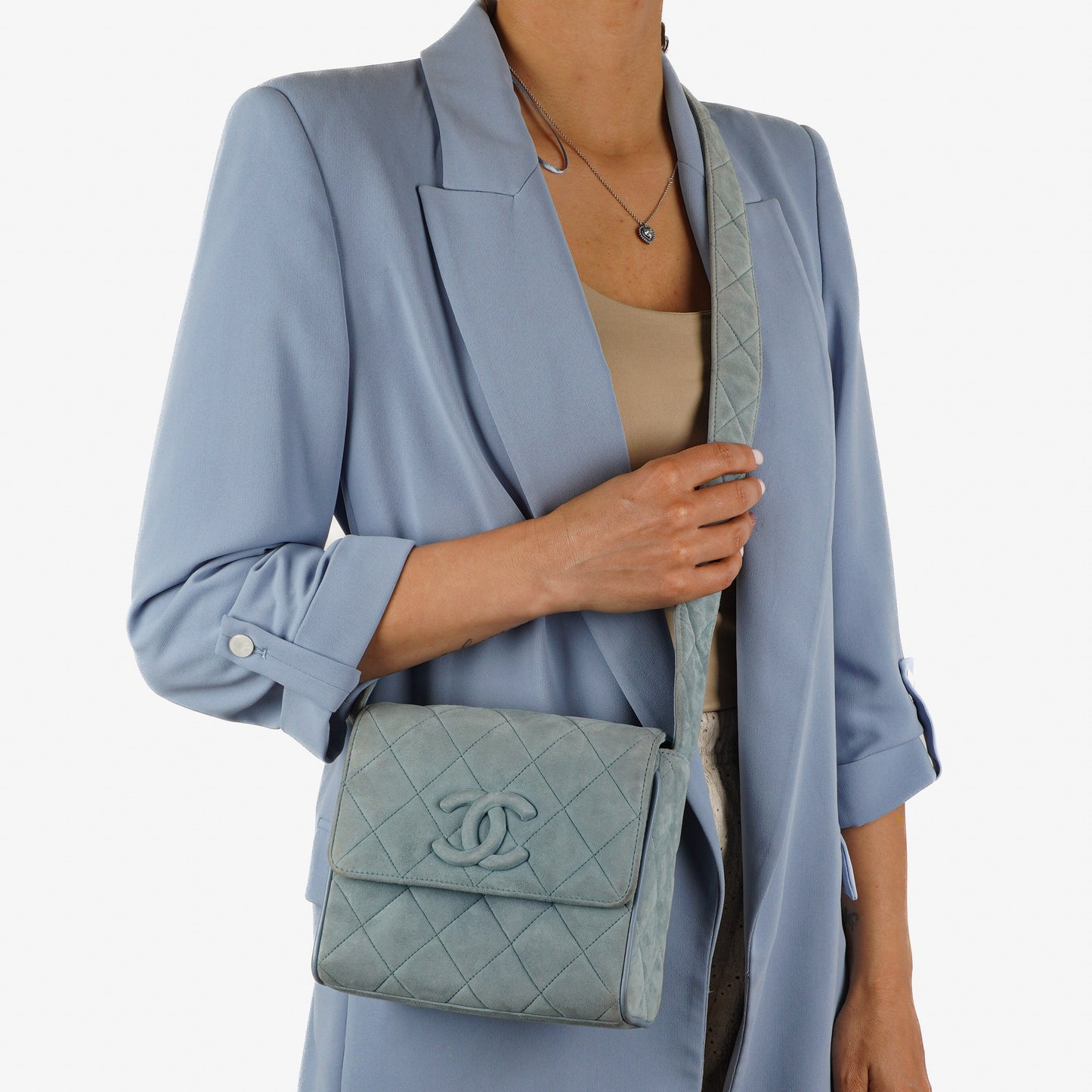 Chanel Small CC Flap Crossbody Bag In Light Blue Quilted Suede