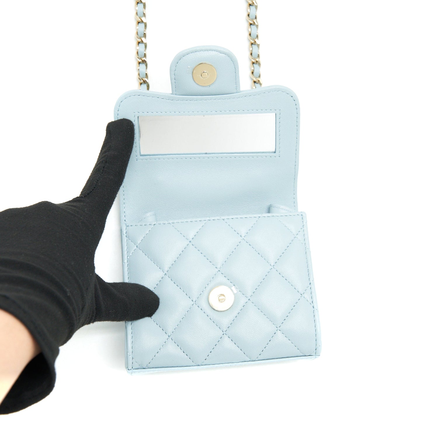 Chanel 22P top Handle Mini Vanity on Chain Lambskin light blue L