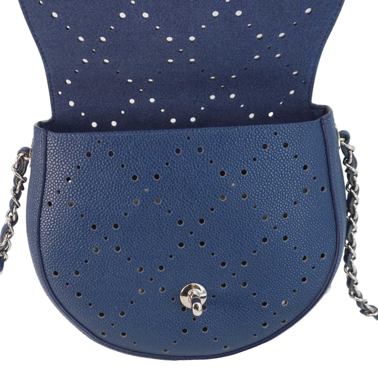 Chanel Perforated Caviar Leather Messenger Bag Navy Blue