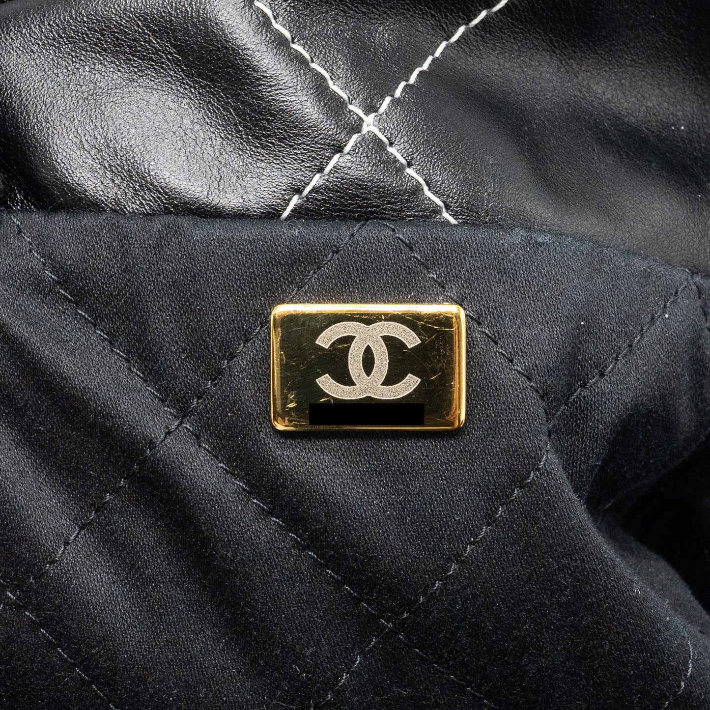 Chanel Medium 22 Bag Shiny Calfskin Black With White Stitching Gold Letter (Microchip)