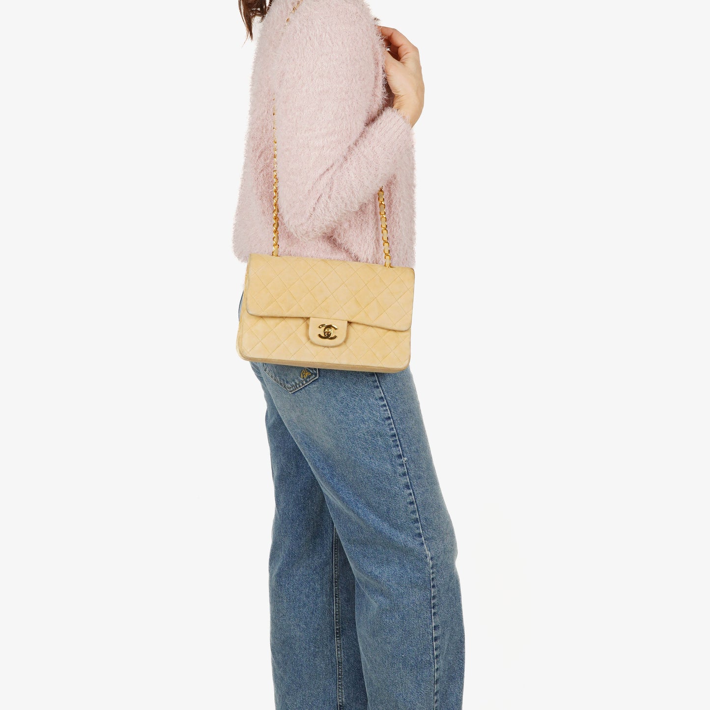 Chanel Medium Classic Double Flap Bag Beige Suede 24K Gold-Plated Hardware