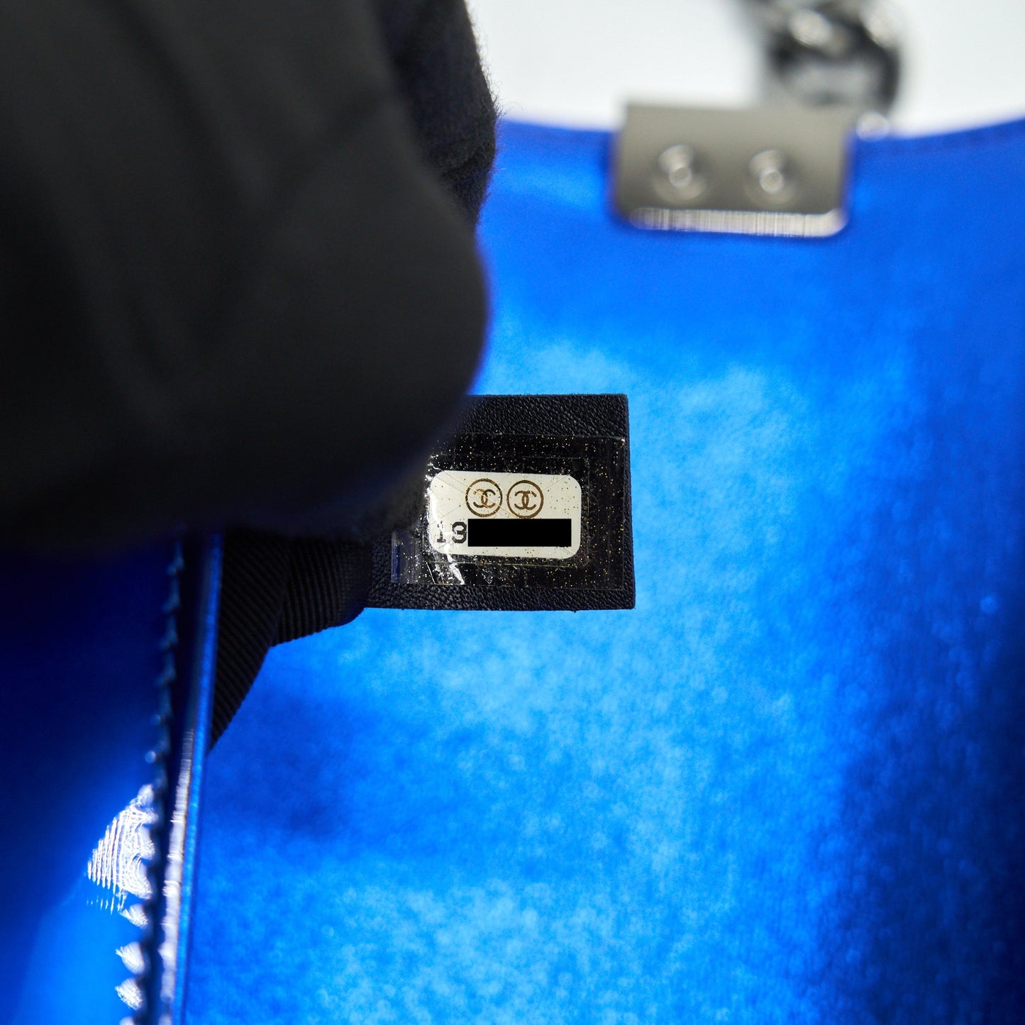 CHANEL MEDIUM LE BOY BAG IN METALLIC BLUE