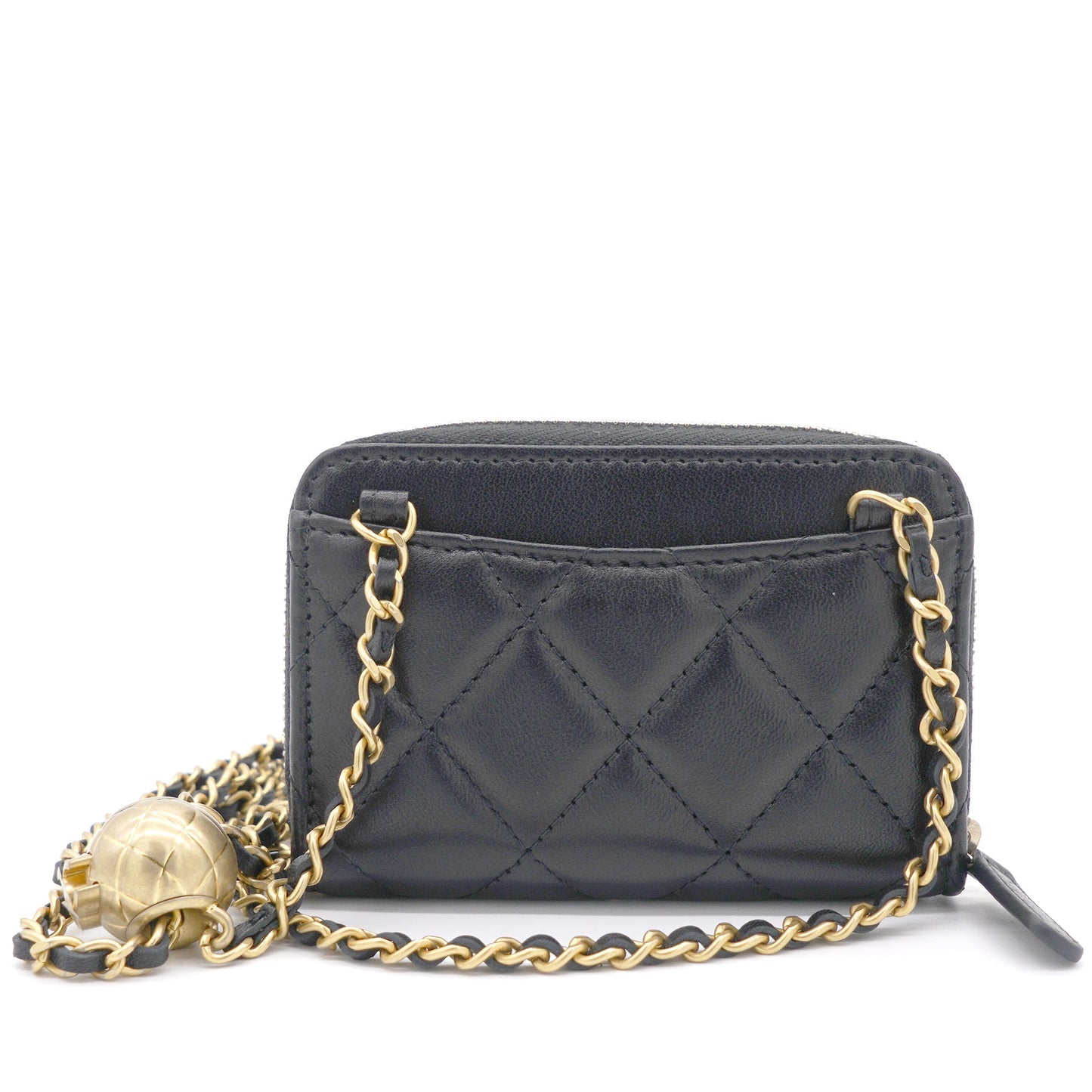 Chanel Black Lambskin Leather CC Zip Around Purse with Gold Ball Chain