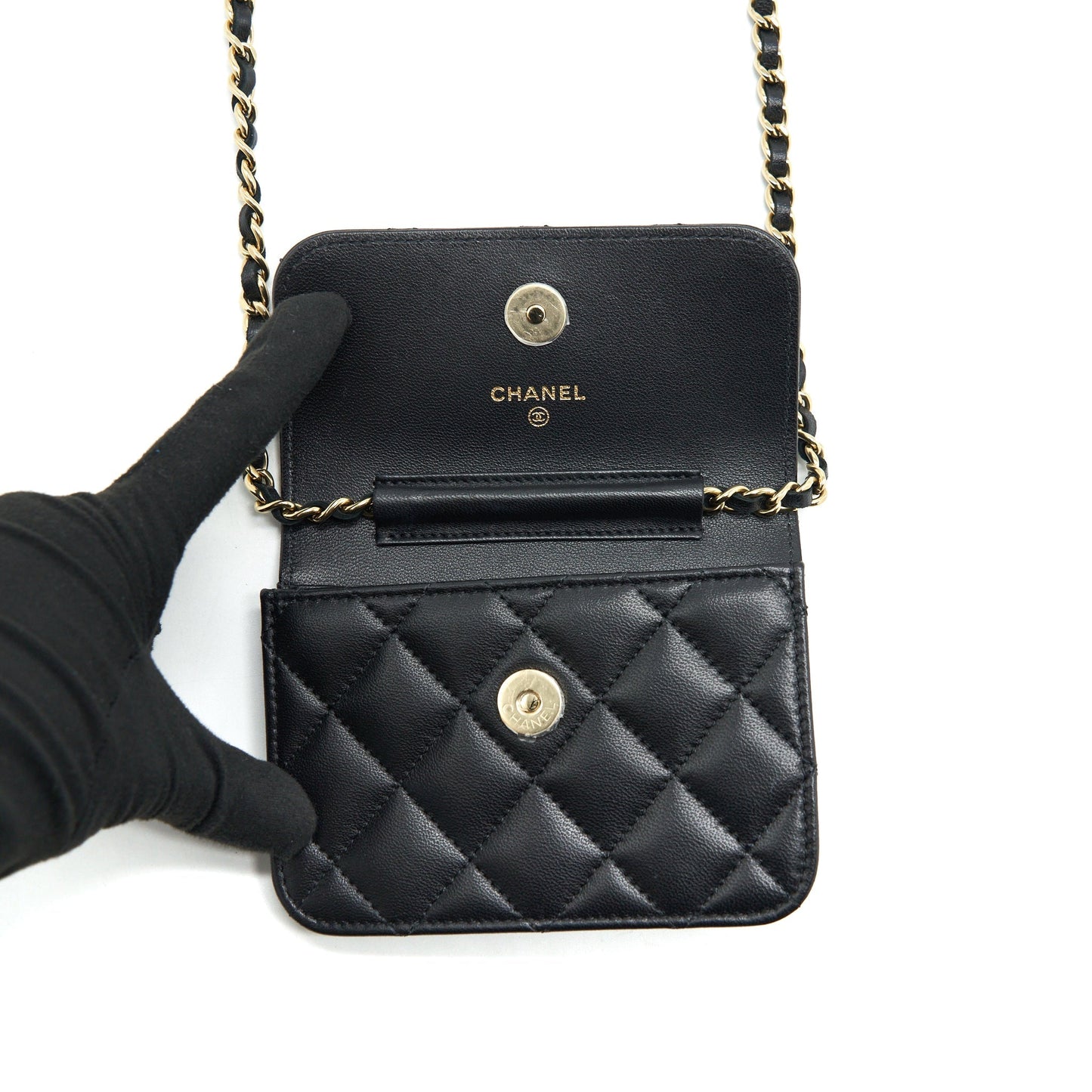 Chanel Mini Flap Card Holder Ribbon Chain Lambskin Black L