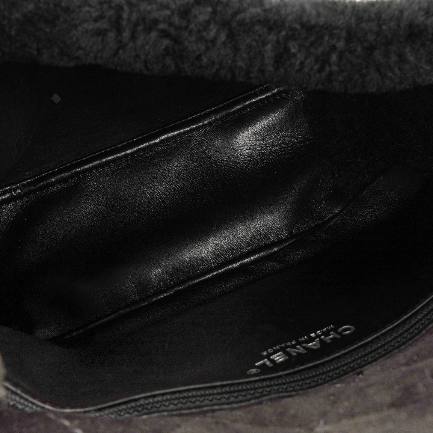 Chanel Medium Black Shearling Pearl Flap Bag