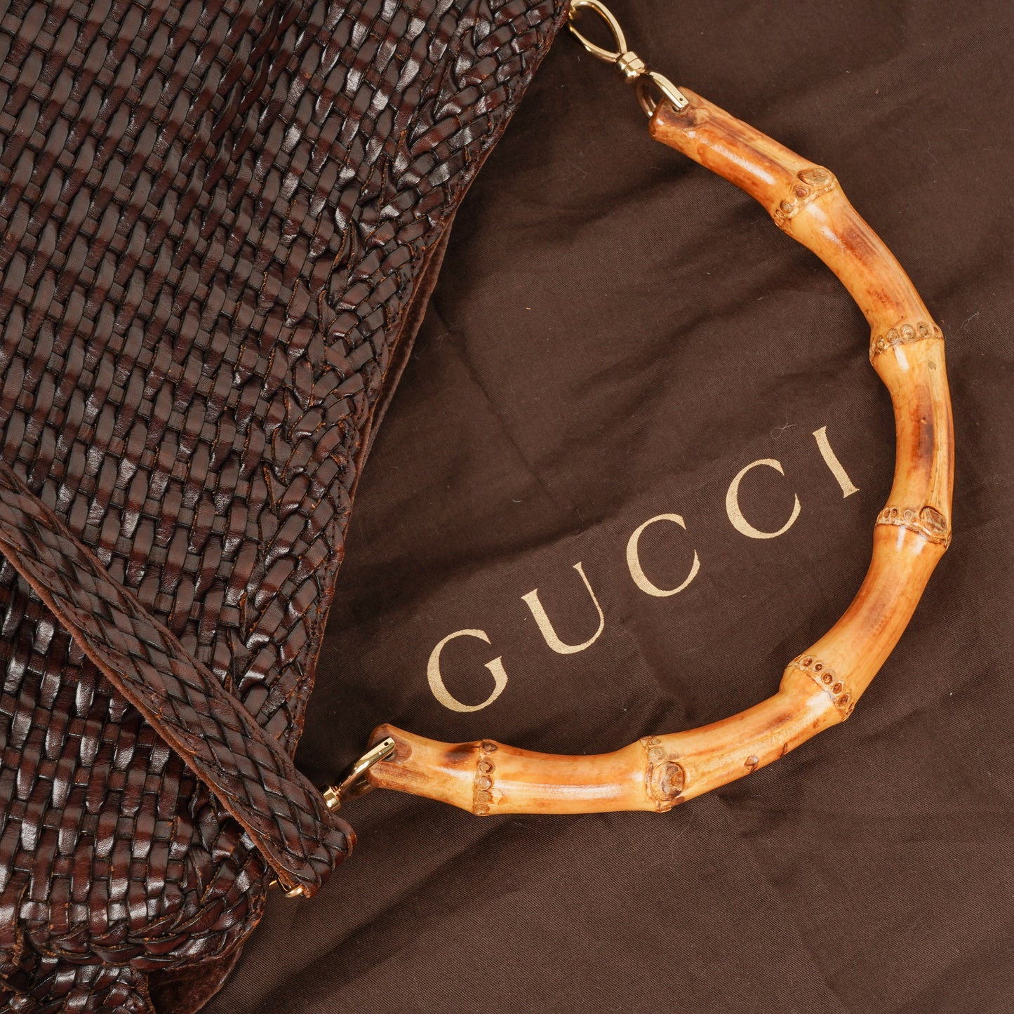 Gucci Brown Woven Leather Bamboo Top Handle Bag