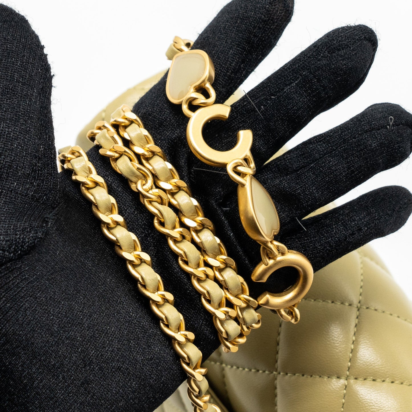 Chanel quilted flap bag with coco love chain lambskin khaki green (Microchip)