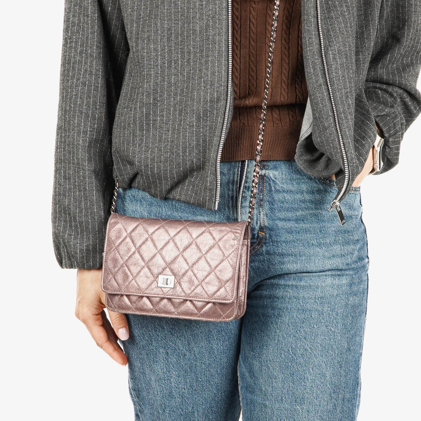 Chanel 2.55 Reissue Wallet on Chain WOC in Purple Quilted Aged Metallic Calfskin